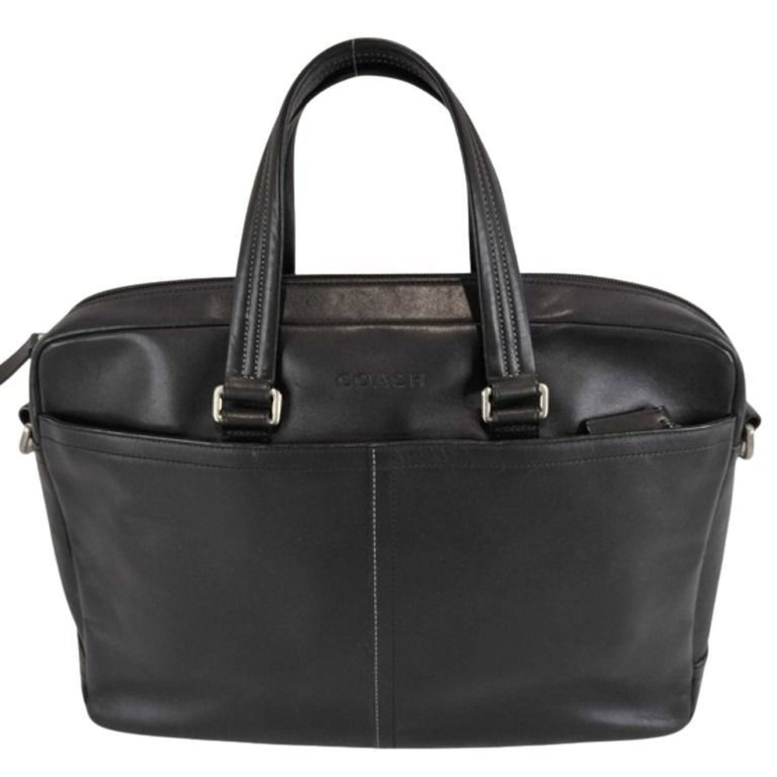 Handbag Leather Coach: Handbag Leather Coach This black leather handbag from Coach measures 26.5cm x 39cm x 7.5cm, offering a sleek and compact design. Made from high-quality leather, its classic style makes it a versatile