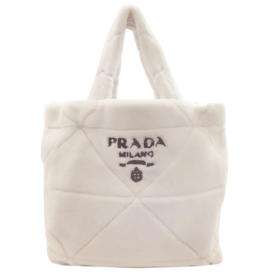 Quilted Mouton Tote Bag Shearling Prada: Quilted Mouton Tote Bag Shearling Prada White Mouton Quilted Tote Bag from PRADA. This quilted tote bag features a white exterior with a distinctive mouton material, adding a luxurious touch. The