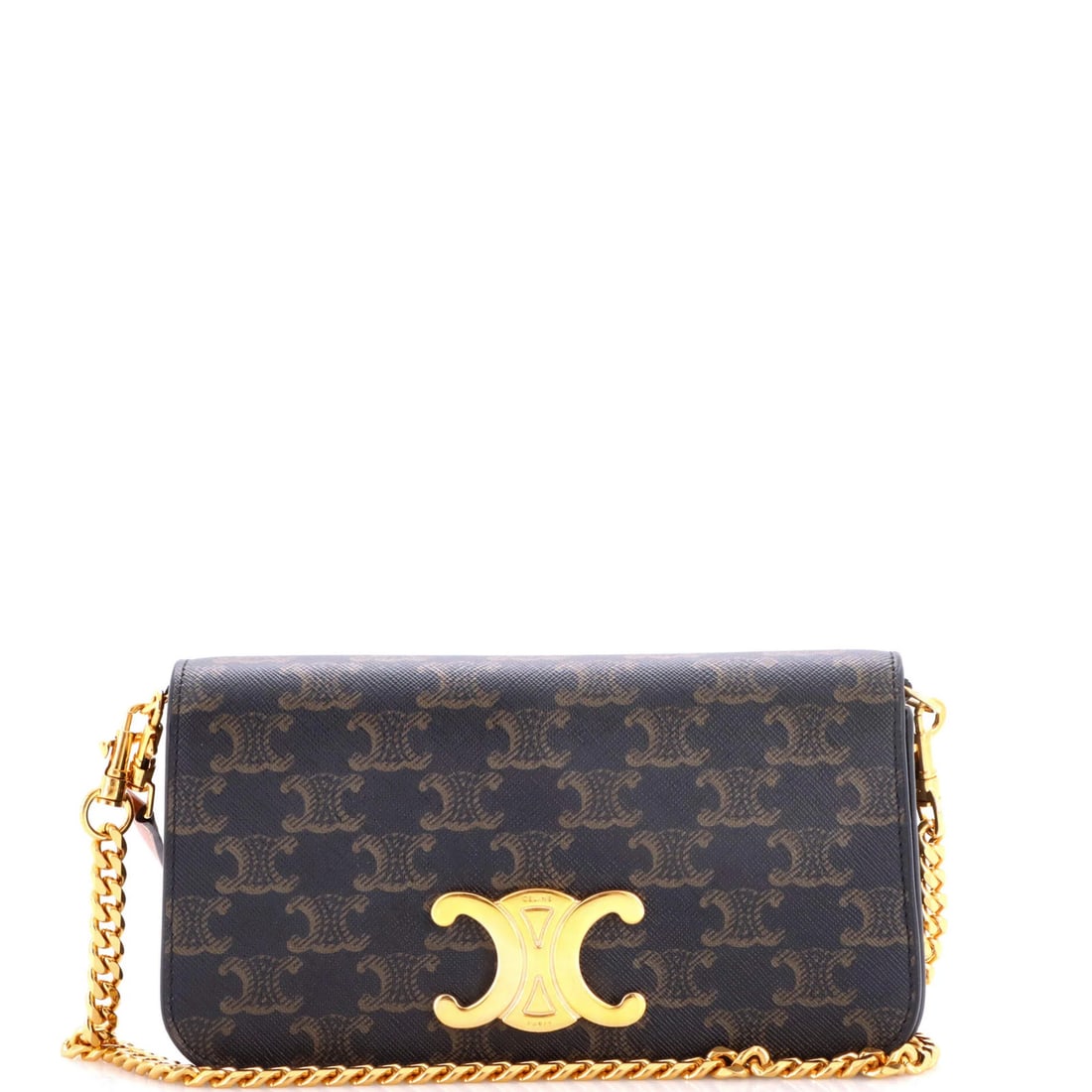 Triomphe Coated Canvas Bag Flap Celine Multipochette: Triomphe Coated Canvas Bag Flap Celine Multipochette Brown Triomphe Coated Canvas Celine Multipochette Bag with Chain Strap and Extra Strap, featuring a classic cross body design with minor creases