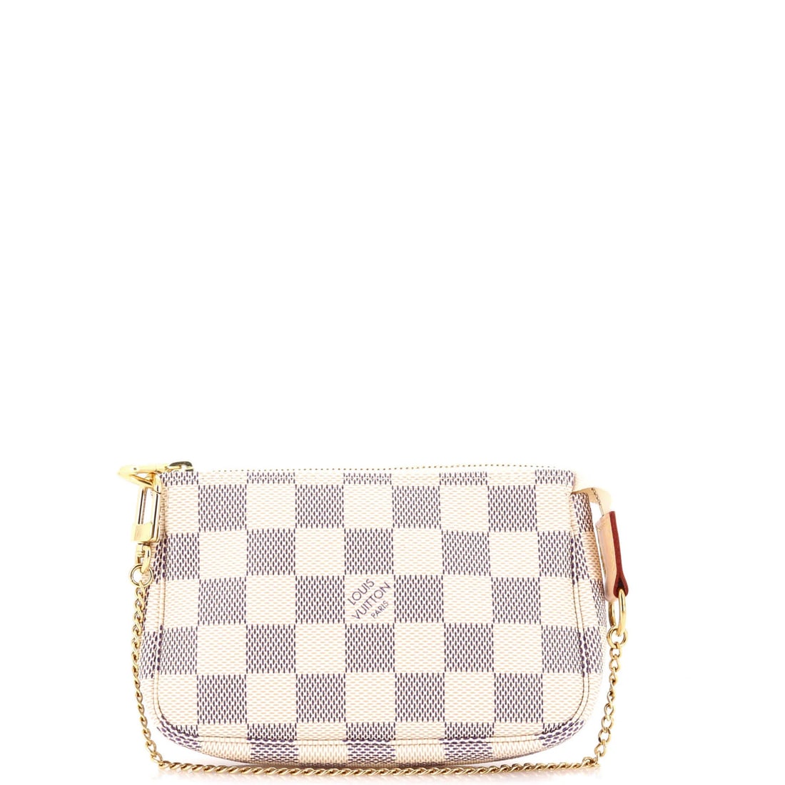 Vuitton Pochette Mini Accessoires Damier Louis: Vuitton Pochette Mini Accessoires Damier Louis White canvas coated Louis Vuitton Pochette Mini Accessoires Damier Mini features a classic design with a 6.5" handle drop and 6.5" strap drop. Minor crea
