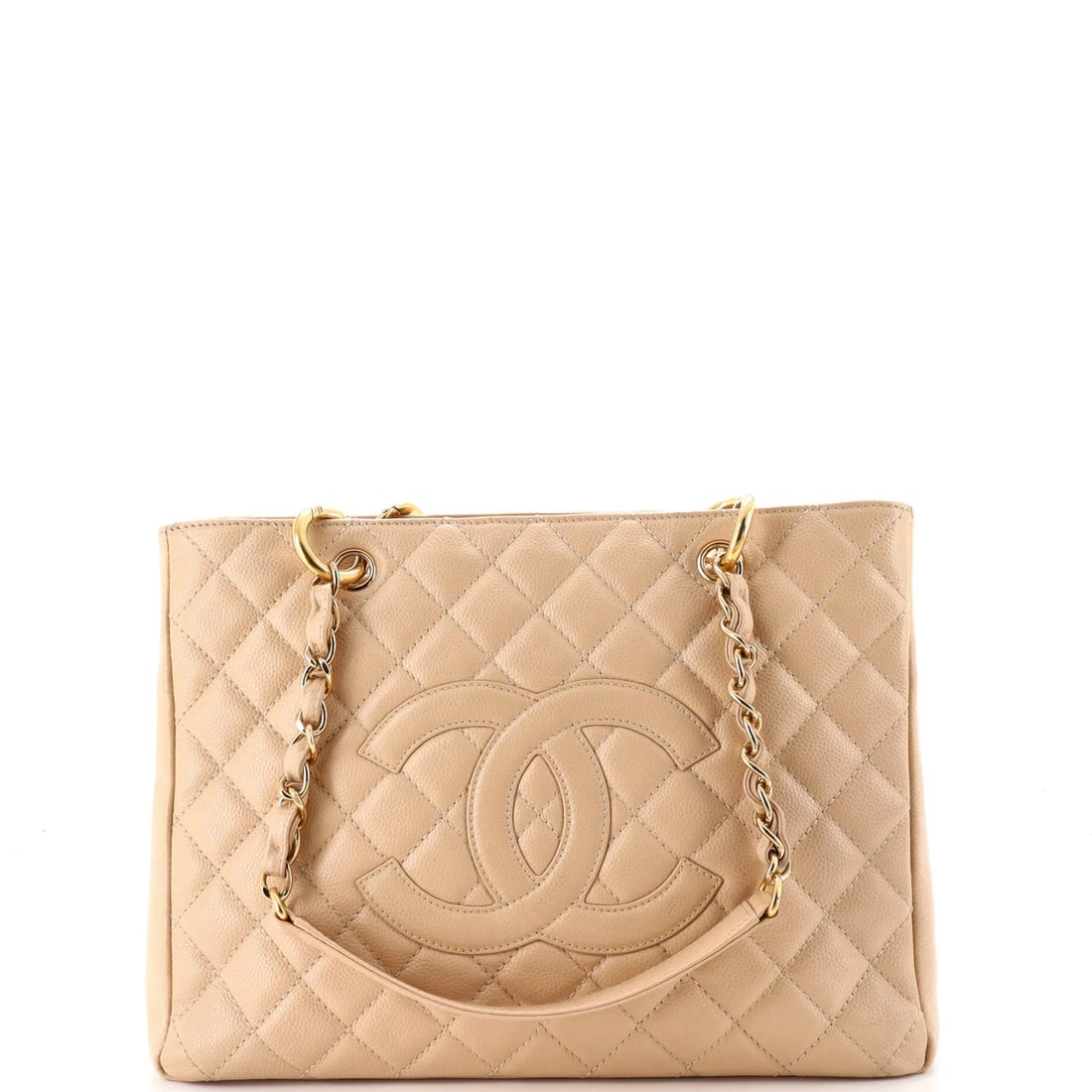 Caviar Quilted Shopping Tote Chanel: Caviar Quilted Shopping Tote Chanel Leather quilted caviar exterior, a unique and stylish touch, adorns this Grand Shopping Tote from Chanel. Measuring 9.5" tall and 13" wide, this neutral-colored tot