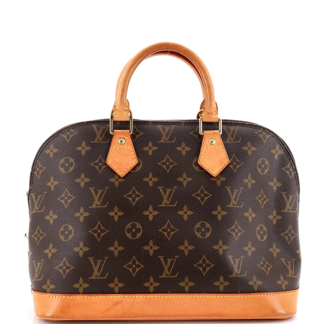 Monogram Canvas Alma Handbag Louis Vuitton PM: Monogram Canvas Alma Handbag Louis Vuitton PM Brown Monogram Canvas Alma Handbag PM from Louis Vuitton, featuring a classic top handle design with scuffs and edge wear, measures 9" high, 12" wide,