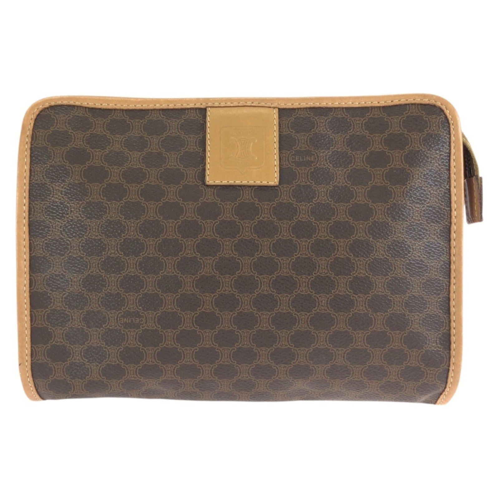 Clutch Bag Pvc Celine Leather: Clutch Bag Pvc Celine Leather This Celine clutch bag combines PVC and leather materials in a striking brown color. Measuring 17cm x 23cm x 4cm, it features a unique blend of materials and a compact