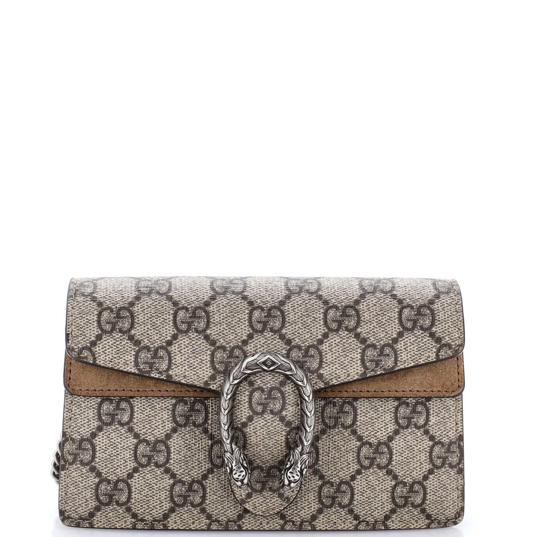Coated Canvas GG Dionysus Super Mini Gucci Bag: Coated Canvas GG Dionysus Super Mini Gucci Bag Brown GG Dionysus Super Mini Gucci Bag with Coated Canvas Exterior, featuring a classic cross-body design and neutral microfiber interior. Minor scuffs a