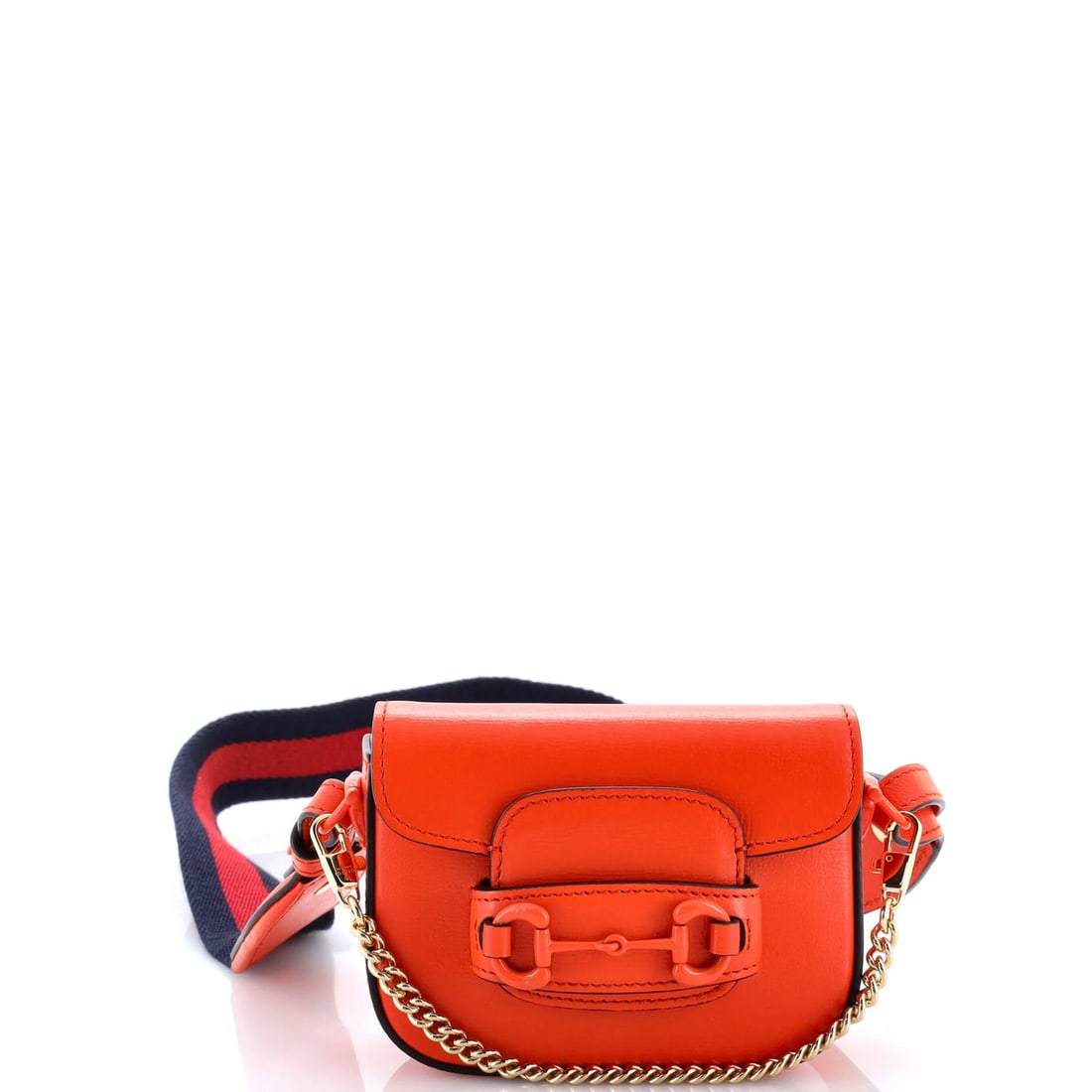 Horsebit Wallet Strap Leather with Gucci 1955 Flap: Horsebit Wallet Strap Leather with Gucci 1955 Flap The Horsebit 1955 Flap Wallet with Strap Leather from Gucci boasts a striking orange exterior, complemented by a chain strap with a classic Horsebit
