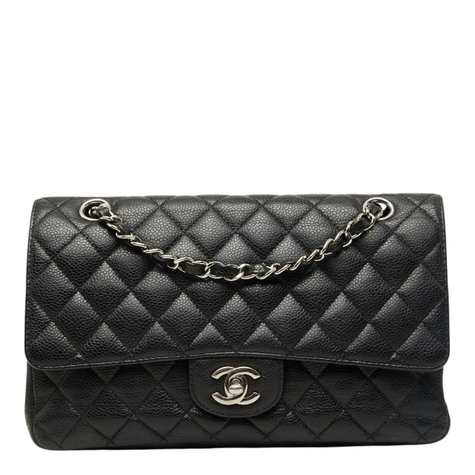 Calfskin Grained Chanel Bag Shoulder: Calfskin Grained Chanel Bag Shoulder Calfskin Grained Chanel Bag Shoulder is a black shoulder bag made from high-quality grained calfskin, measuring 16cm x 25cm x 6.5cm. The bag's structured design