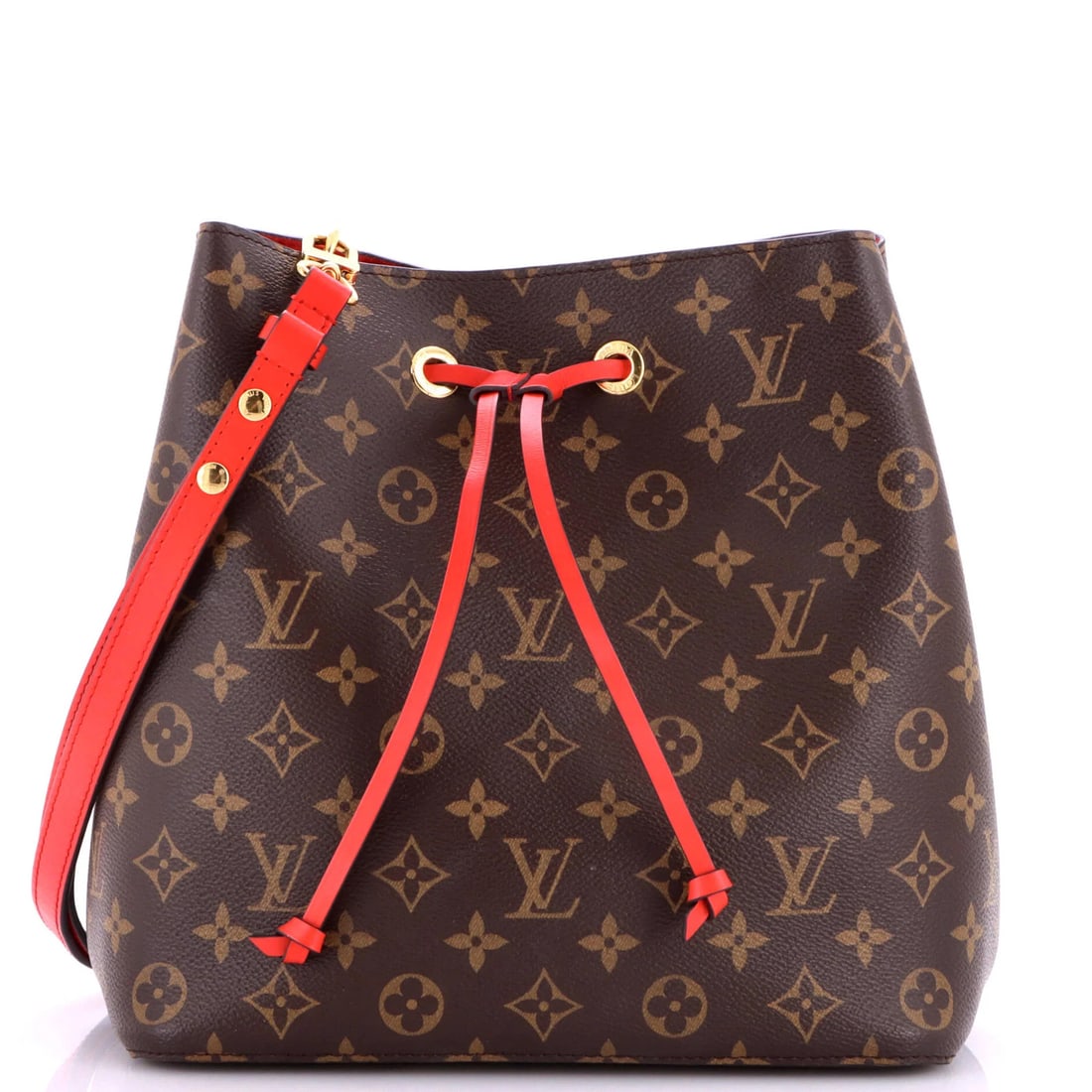Louis Vuitton NeoNoe Handbag Monogram Canvas with Leather MM: Louis Vuitton NeoNoe Handbag Monogram Canvas with Leather MM The Louis Vuitton NeoNoe Handbag Monogram Canvas with Leather MM boasts a striking red exterior, complemented by gold hardware and a rich