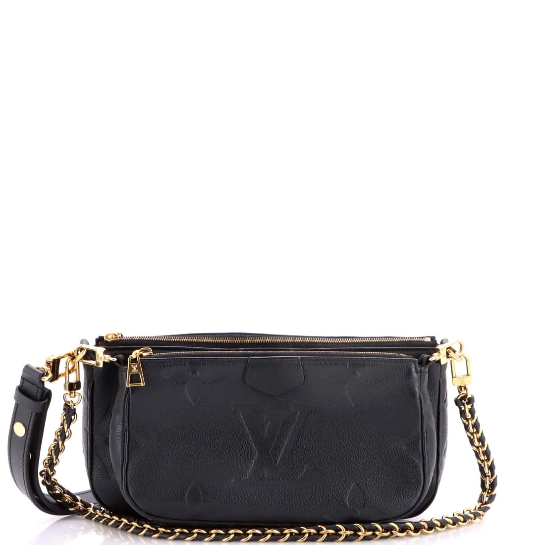 Louis Vuitton Giant Pochette Accessoires Monogram Empreinte: Louis Vuitton Giant Pochette Accessoires Monogram Empreinte Black leather Louis Vuitton Giant Pochette Accessoires Monogram Empreinte cross body bag with gold hardware, featuring a multi Pochette