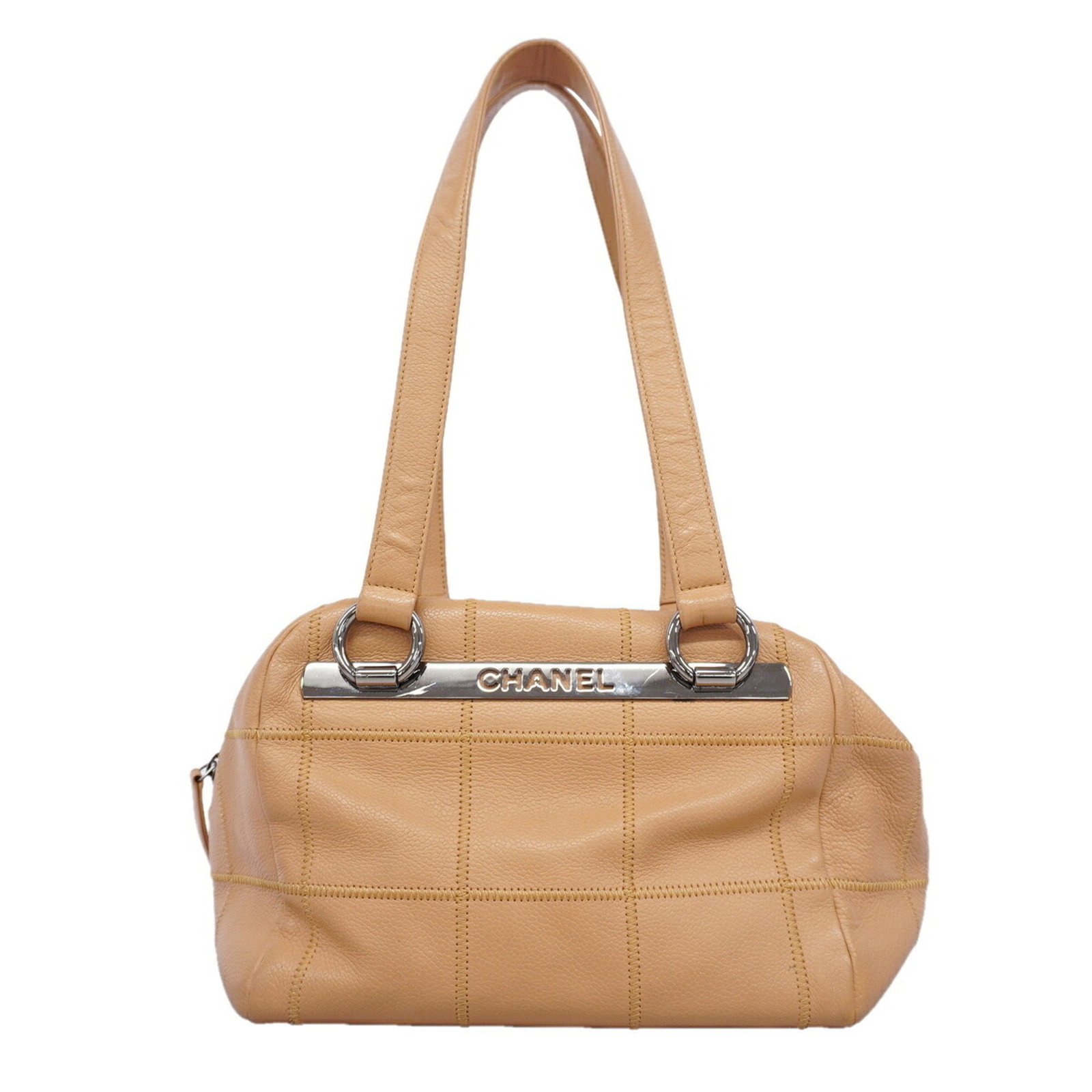 Calfskin Grained Chanel Bag Shoulder: Calfskin Grained Chanel Bag Shoulder Grained calfskin adds a luxurious touch to this classic Chanel shoulder bag, with its rich brown color and silver hardware standing out against a neutral