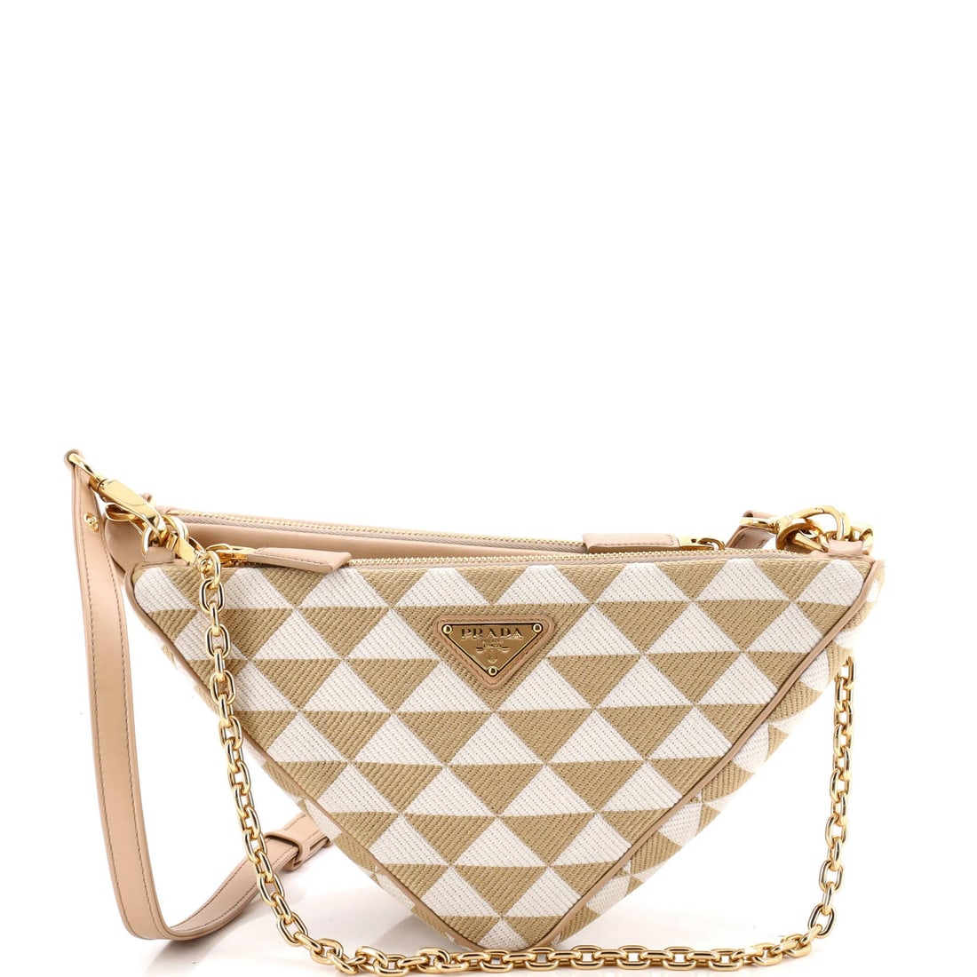 Double Symbole Triangle Bag Leather Jacquard Mini: Double Symbole Triangle Bag Leather Jacquard Mini The Double Symbole Triangle Bag Leather Jacquard Mini is a stylish and sophisticated shoulder bag featuring a neutral exterior color and a subtle gold