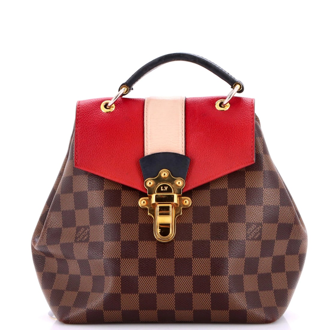 Leather Damier Backpack Clapton Louis Vuitton: Leather Damier Backpack Clapton Louis Vuitton The Clapton Louis Vuitton Damier Backpack boasts a striking red exterior with canvas-coated leather and a bold Damier pattern. With its unique combination