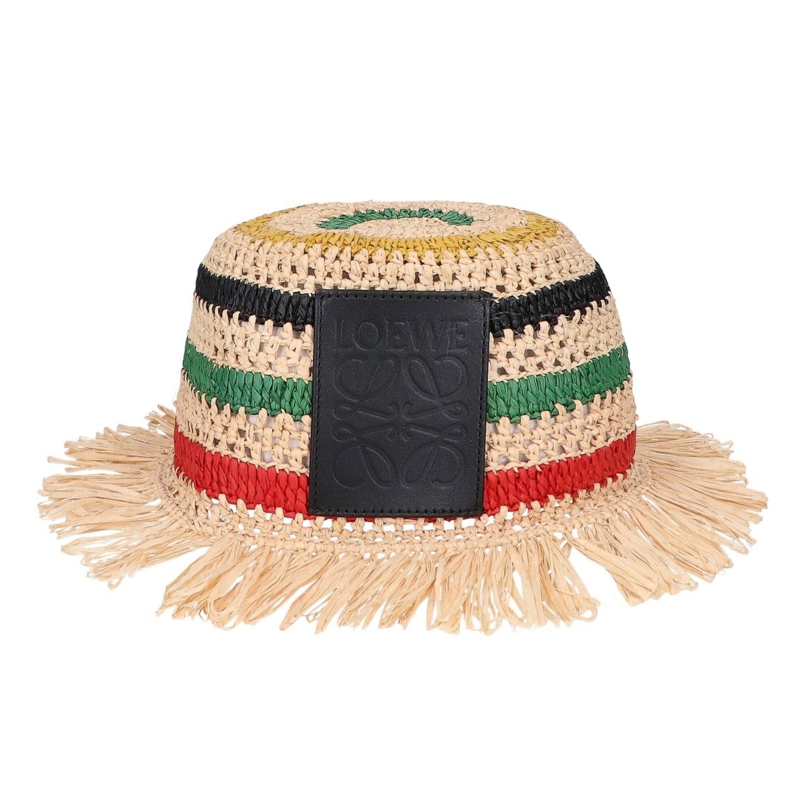 Hat Bucket Raffia Loewe: Hat Bucket Raffia Loewe Multi-color raffia construction gives this Loewe bucket hat a unique, eye-catching look. The 56cm circumference ensures a comfortable fit, while the raffia material adds a natu