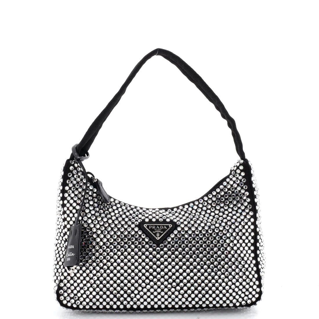 Crystal Satin Embellished Hobo Mini Re Edition Prada: Crystal Satin Embellished Hobo Mini Re Edition Prada Crystal Satin Embellished Hobo Mini Re Edition Prada is a stunning black crystal satin mini handbag with silver hardware, featuring a sleek and