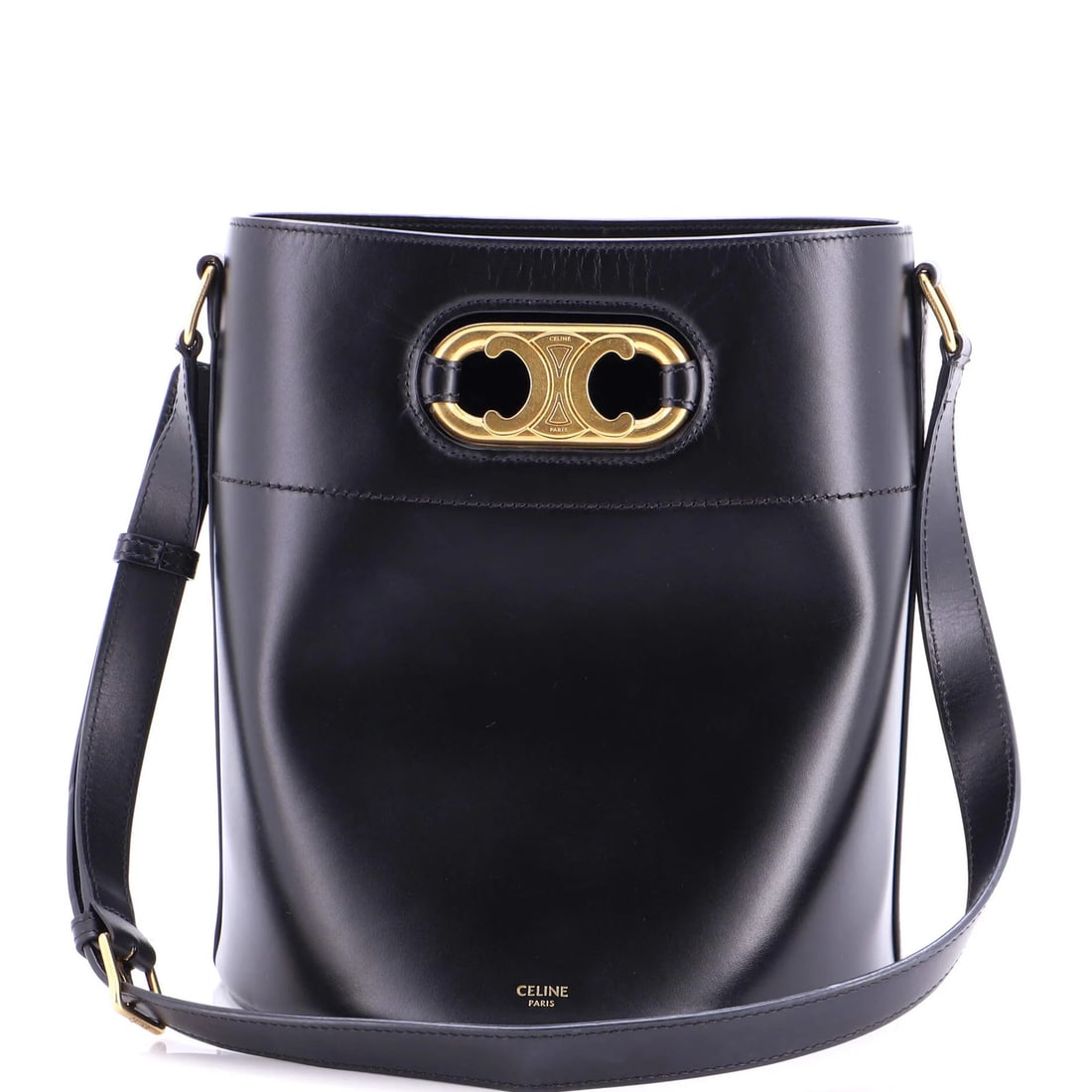 Celine Maillon Triomphe Bucket Bag Leather Medium: Celine Maillon Triomphe Bucket Bag Leather Medium Black Celine Maillon Triomphe Bucket Bag Leather Medium features a classic bucket style with a medium size, measuring 11" height, 9" width, and 9" dep