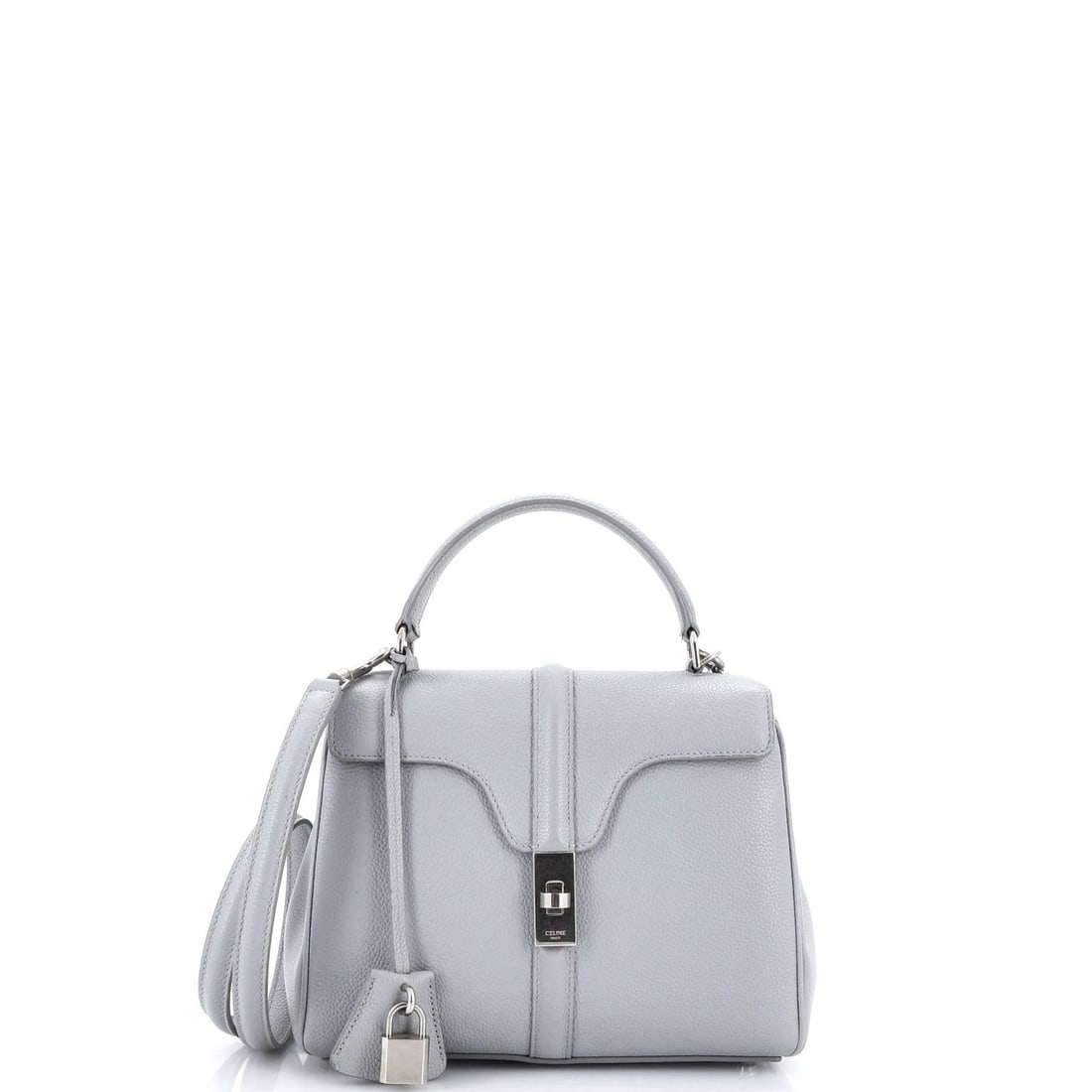Celine 16 Top Handle Bag Grained Calfskin Small: Celine 16 Top Handle Bag Grained Calfskin Small Gray Celine 16 Top Handle Bag in Grained Calfskin Leather, featuring a classic small size with 20" strap drop, minor scuffs and edge wear on the