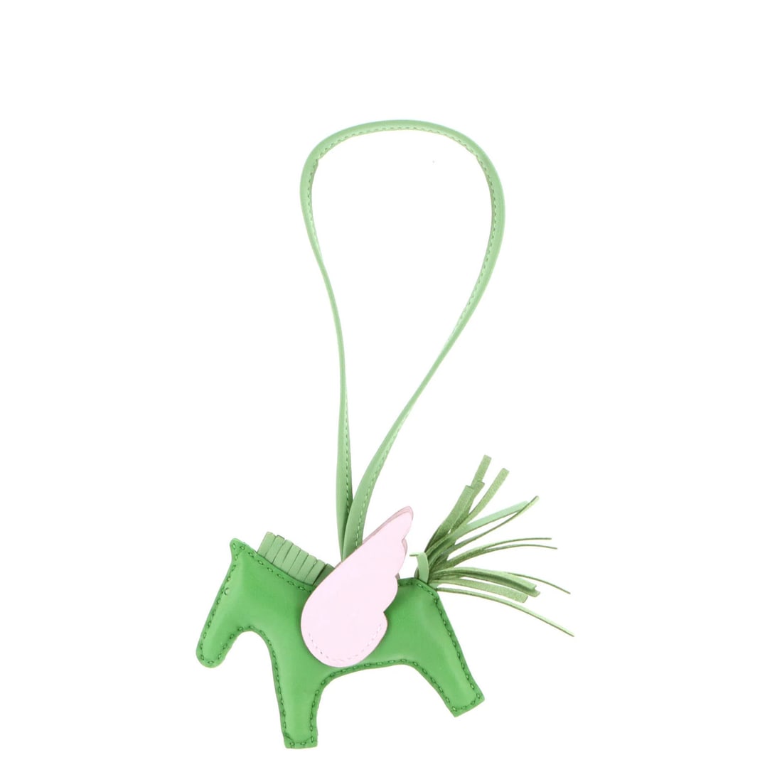Hermes Pegase Rodeo Leather Bag Charm: Hermes Pegase Rodeo Leather Bag Charm The Hermes Pegase Rodeo Leather Bag Charm is a stunning accessory featuring a rich green leather exterior with pink accents, measuring 3" x 3.5" x 1". This beauti