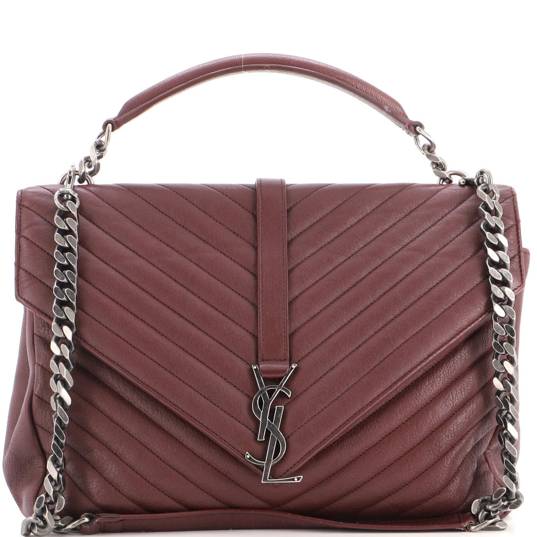 Classic Monogram Saint Laurent College Leather Large Matelasse Bag Chevron: Classic Monogram Saint Laurent College Leather Large Matelasse Bag Chevron Burgundy leather exterior with classic monogram chevron pattern, this large shoulder bag features a sturdy design with a silv