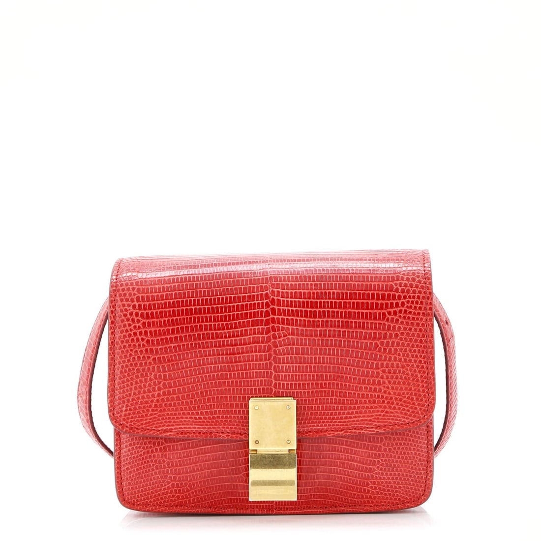 Small Box Bag Celine Classic Lizard: Small Box Bag Celine Classic Lizard Small Box Bag Celine Classic Lizard in Red. This small cross body bag features an exotic lizard exterior in a bold red color, with a classic box shape and aged