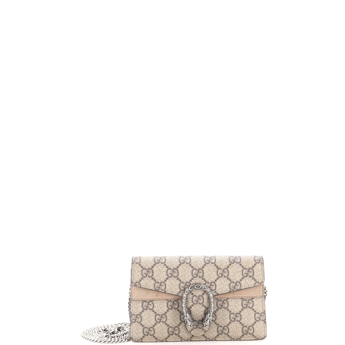 Coated Canvas GG Dionysus Super Mini Gucci Bag: Coated Canvas GG Dionysus Super Mini Gucci Bag Coated Canvas GG Dionysus Super Mini Gucci Bag features a brown canvas exterior with minor scuffs, cracking, and edge wear. The bag's neutral microfiber 