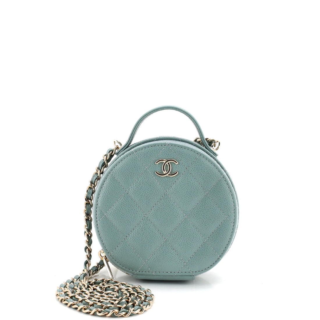 Handle with Care Round Vanity Case with Chain Quilted Small Chanel: Handle with Care Round Vanity Case with Chain Quilted Small Chanel The Handle with Care Round Vanity Case with Chain Quilted Small Chanel boasts a striking blue leather exterior with gold tone hardwar