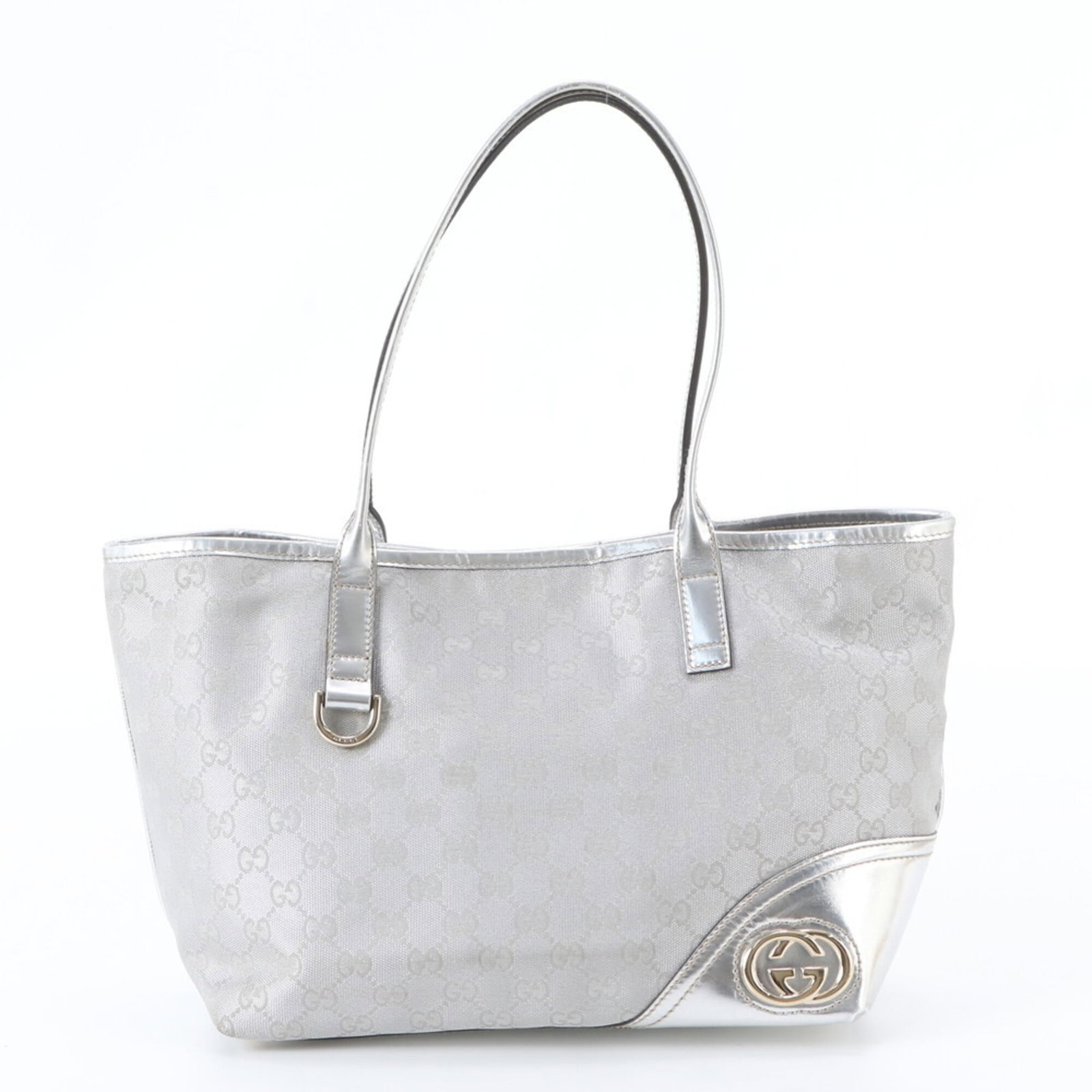 Gucci Handbag Leather Canvas Shoulder Tote: Gucci Handbag Leather Canvas Shoulder Tote Gucci Handbag Leather Canvas Shoulder Tote features a unique combination of leather and canvas materials, with a silver color that adds a touch of