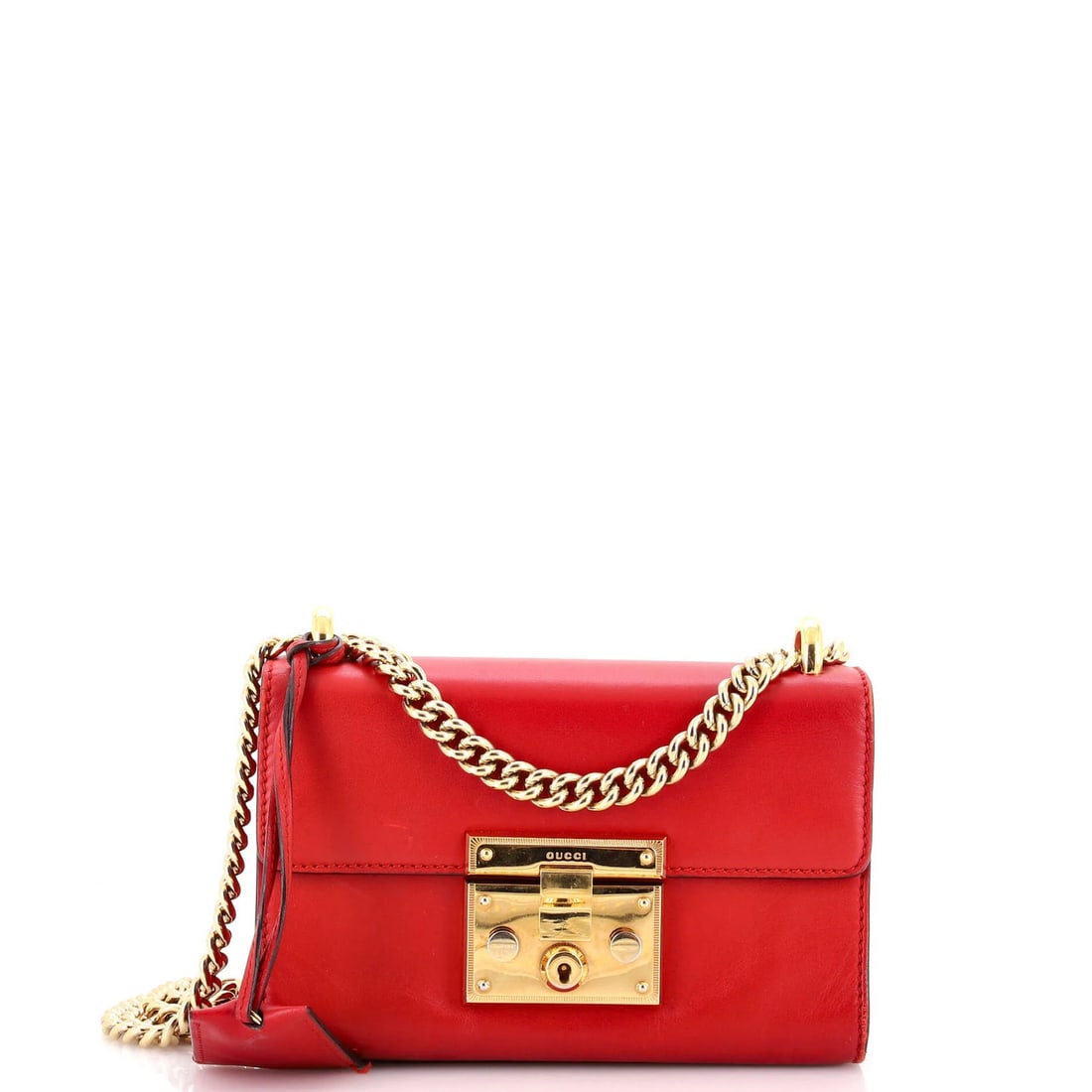 Shoulder Bag Leather Padlock Small Gucci: Shoulder Bag Leather Padlock Small Gucci Small Gucci Leather Padlock Shoulder Bag in Red, featuring a classic cross body design with gold hardware, and a spacious interior with microfiber lining. The