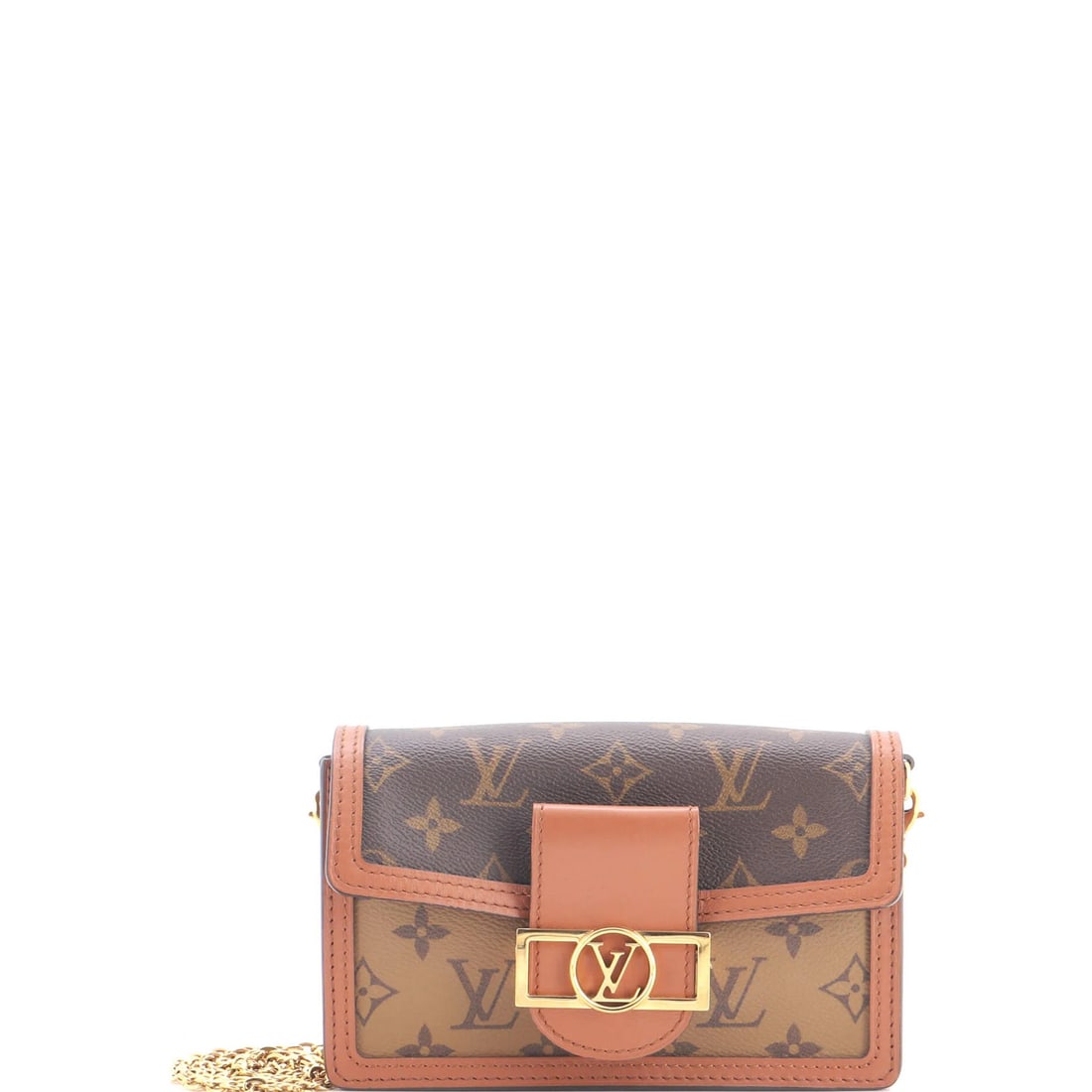 Dauphine Chain Wallet Reverse Monogram Louis Vuitton: Dauphine Chain Wallet Reverse Monogram Louis Vuitton The Dauphine Chain Wallet Reverse Monogram Louis Vuitton boasts a classic design with a rich, brown canvas exterior and gold hardware. Measuring