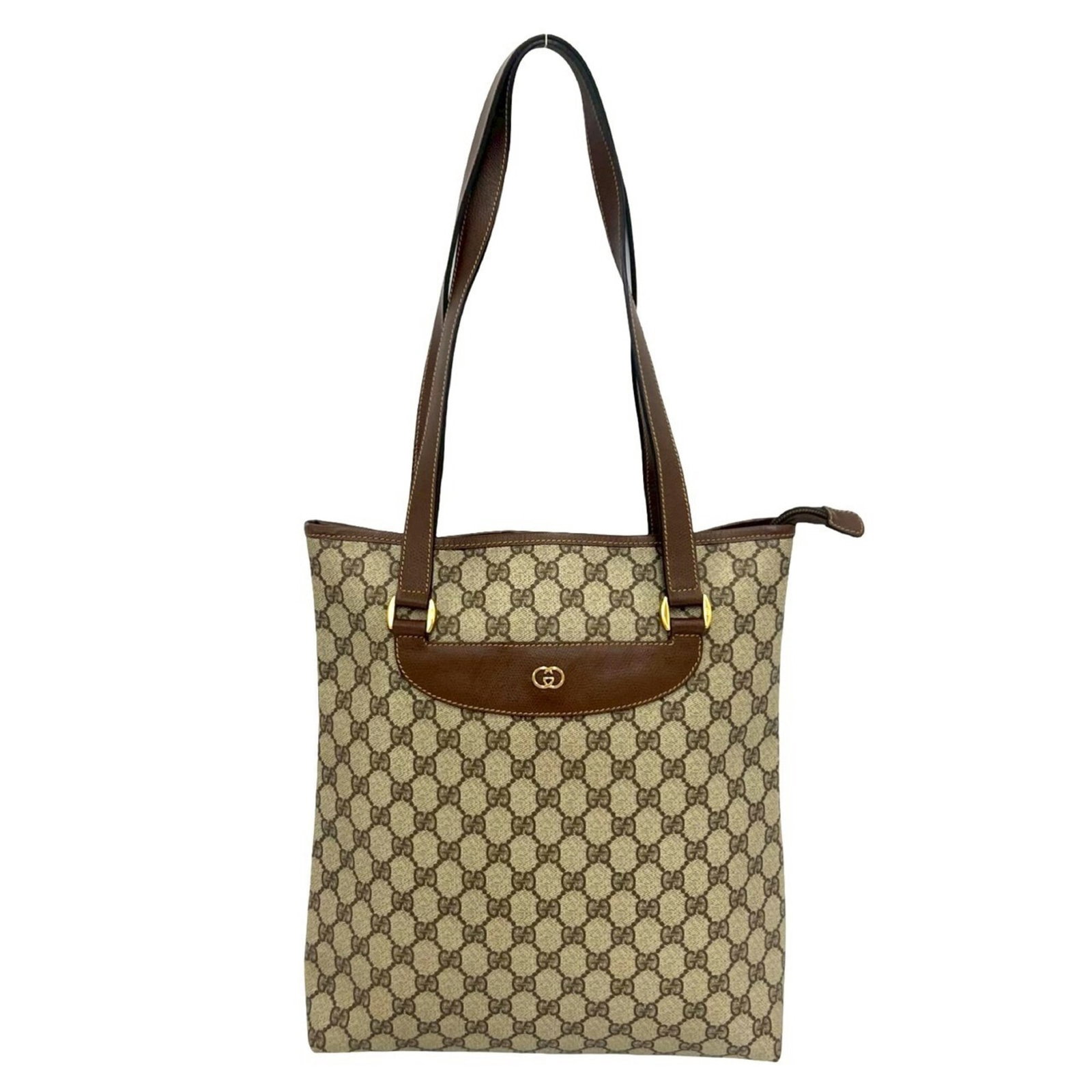 Handbag Shoulder Bag Tote Pvc Leather: Handbag Shoulder Bag Tote Pvc Leather Brown PVC and Leather Shoulder Bag Tote with Classic Gucci Style. This stylish bag boasts a unique combination of PVC and leather materials, creating a distinctiv