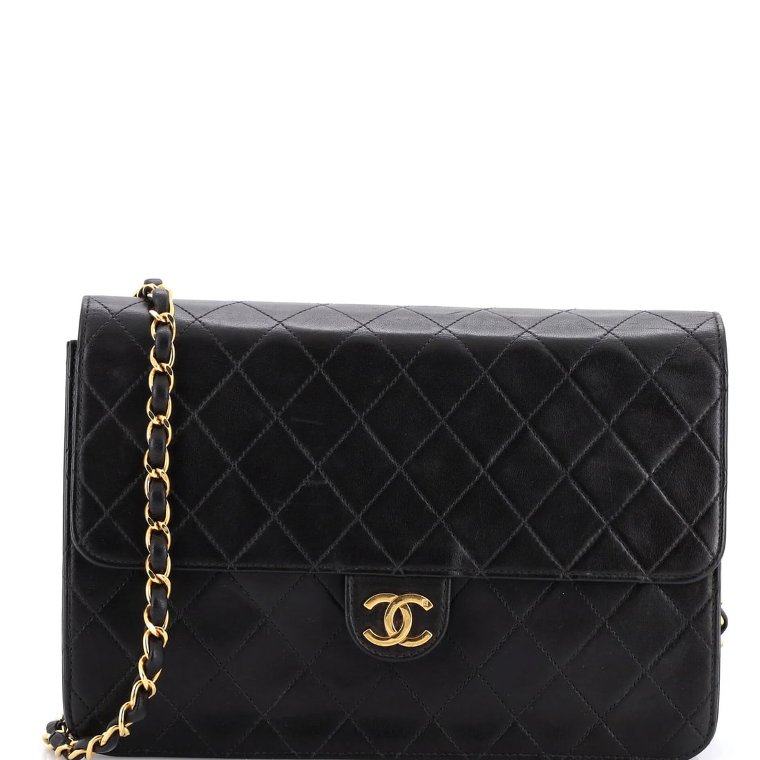 Medium Chain Leather Quilted Clutch with Chanel: Medium Chain Leather Quilted Clutch with Chanel Black leather quilted clutch with chain, featuring a medium size and gold hardware. This vintage Chanel clutch bears a signature and has a fair