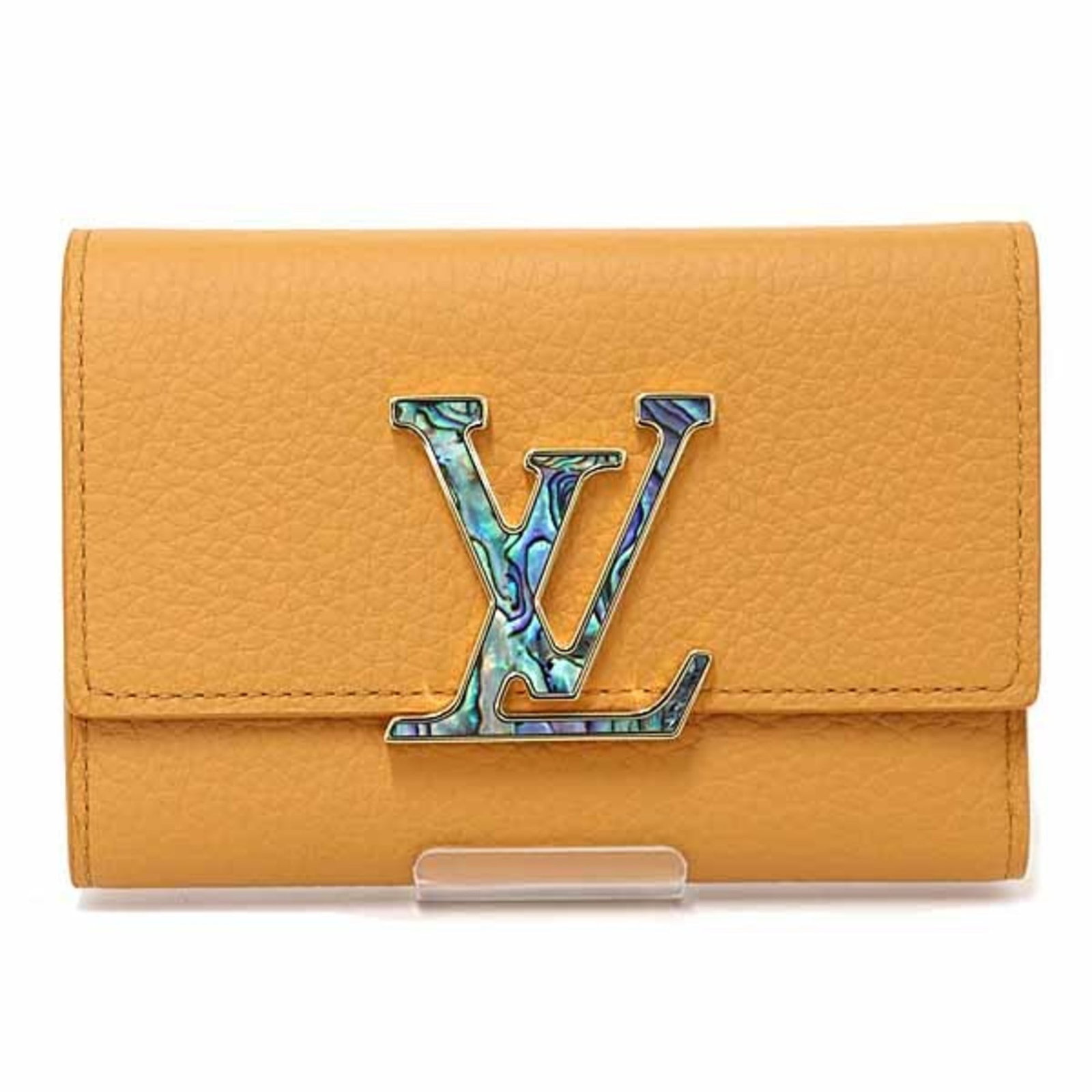 Louis Vuitton Wallet (Tri-Fold) Leather: Louis Vuitton Wallet (Tri-Fold) Leather Tri-fold leather wallet from Louis Vuitton, crafted from Taurillon leather in vibrant orange, saffron, and yellow hues. Measuring 9.5cm x 13.5cm x 2cm, this