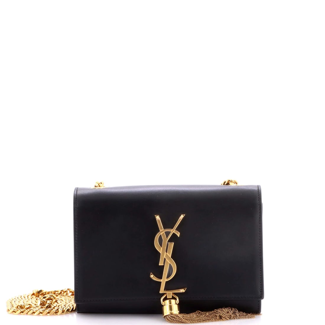 Monogram Leather Classic Tassel Bag Crossbody Small Saint: Monogram Leather Classic Tassel Bag Crossbody Small Saint Black leather Classic Monogram Tassel Crossbody Bag with suede interior, featuring a small size and aged gold hardware. The bag has a