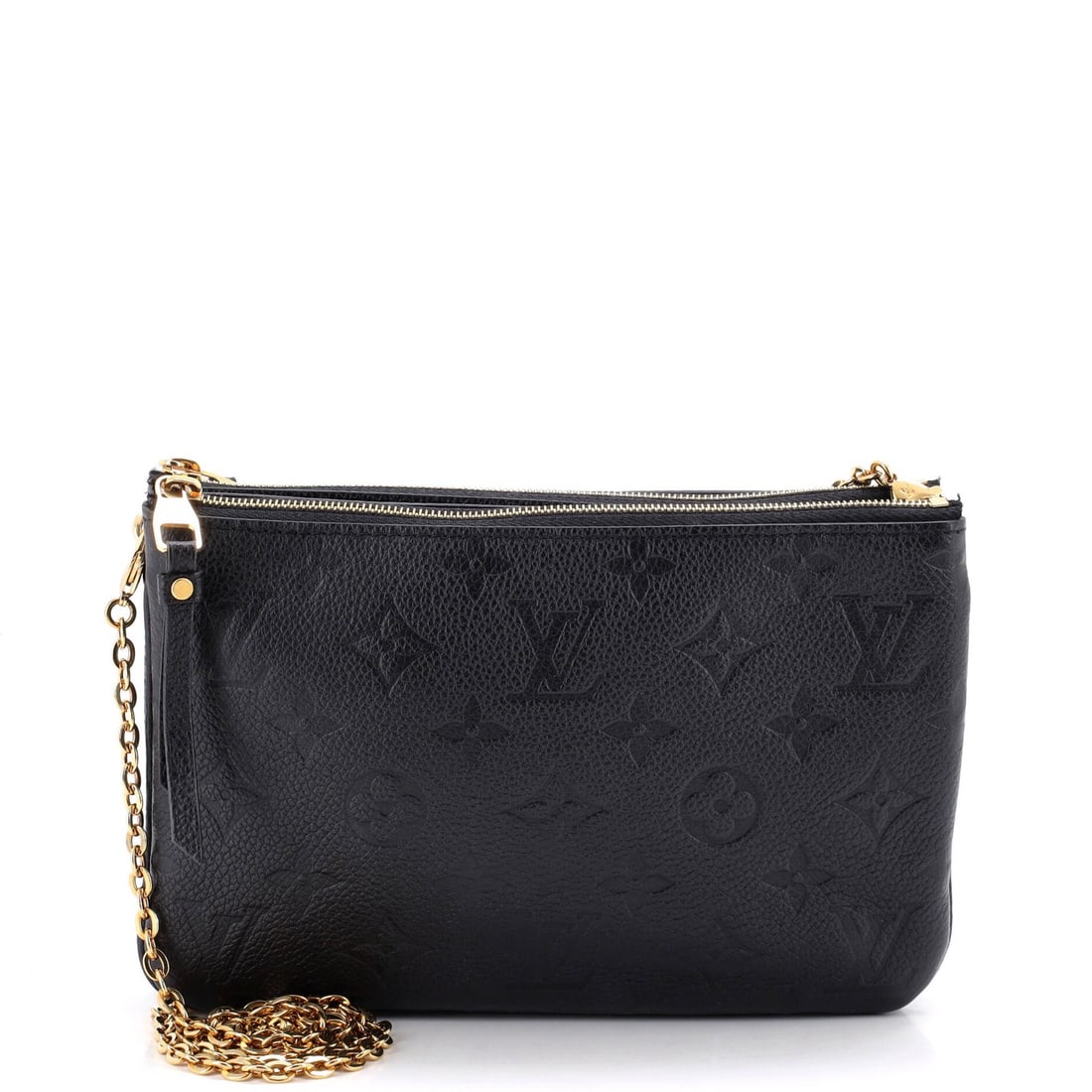 Vuitton Empreinte Leather Monogram Pochette Double Zip: Vuitton Empreinte Leather Monogram Pochette Double Zip Black Vuitton Empreinte Leather Monogram Pochette Double Zip with gold hardware, featuring a sleek design and classic monogram pattern, measures