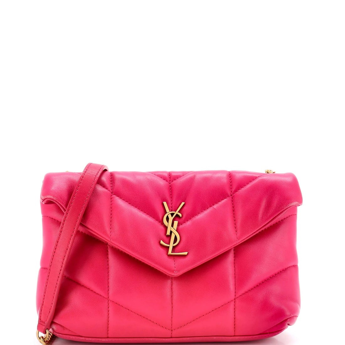 Mini quilted leather bag Saint Laurent Loulou puffer shoulder: Mini quilted leather bag Saint Laurent Loulou puffer shoulder Pink quilted leather mini Saint Laurent Loulou puffer shoulder bag with aged gold hardware, featuring a compact size and cross body