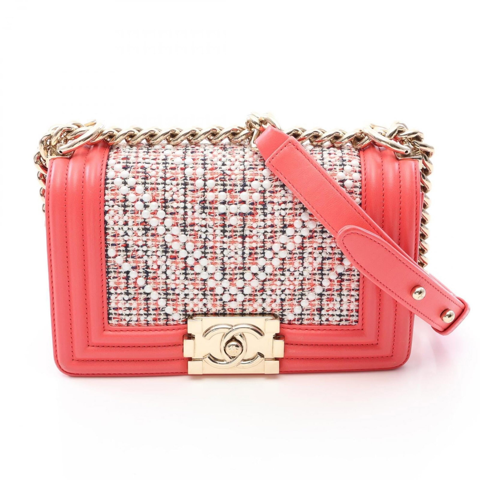 Shoulder Bag Handbag Fabric Leather Chanel: Shoulder Bag Handbag Fabric Leather Chanel Fabric and leather combine in this vibrant, multi-color shoulder bag, featuring a pink and white design. Measuring 12cm x 20cm x 6cm, it's a compact and
