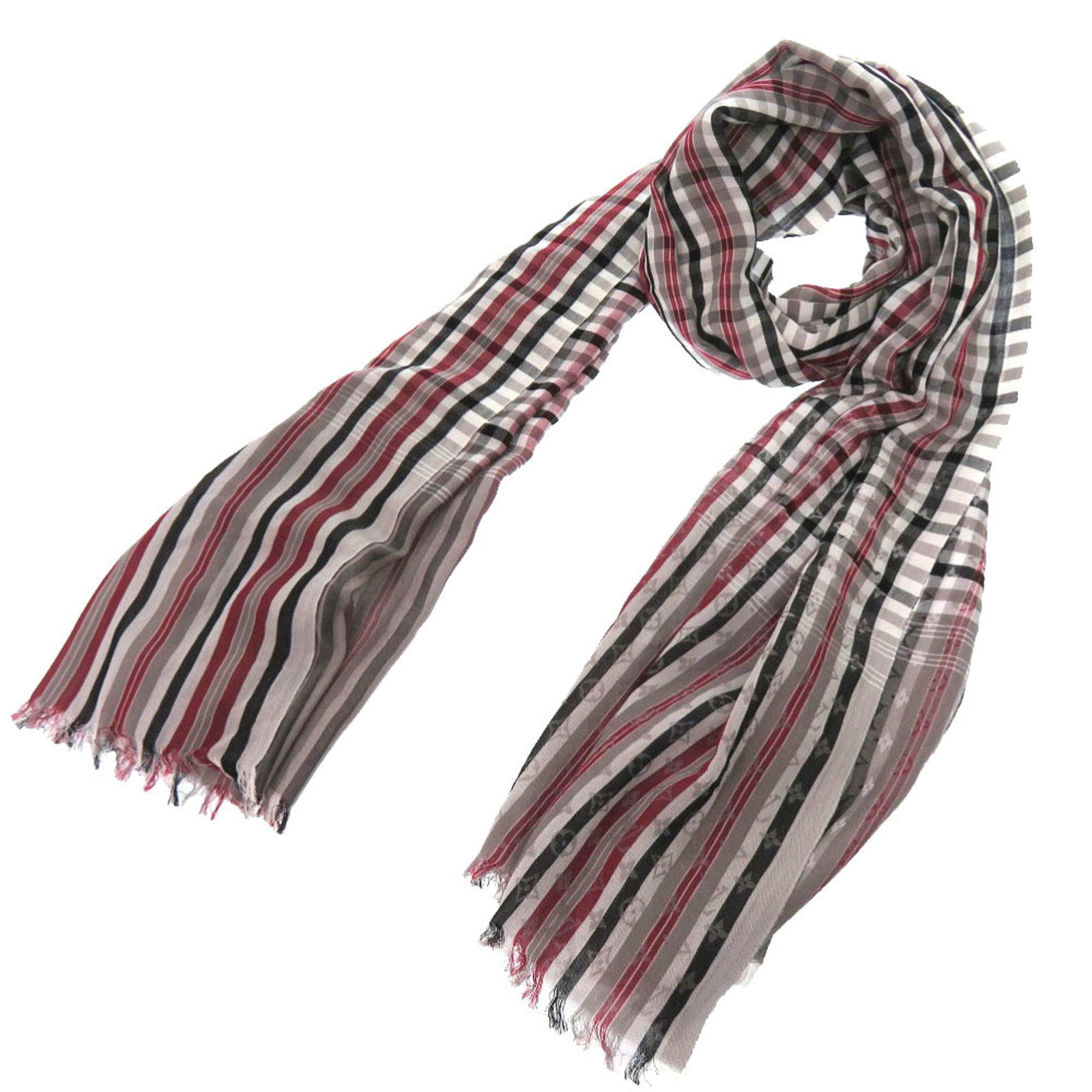 Louis Vuitton Scarf Cotton: Louis Vuitton Scarf Cotton Black, Gray, Red cotton scarf from Louis Vuitton, measuring 1.88m x 74.01'' in size, bearing a signature. Item Specifics: Brand: Louis Vuitton Country of Origin: Italy MPN: