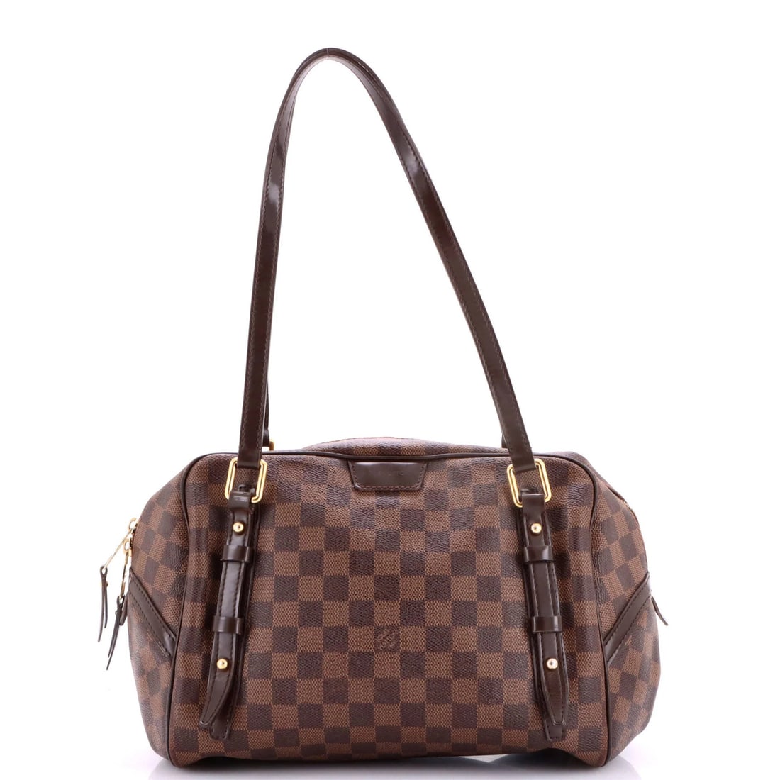 Louis Vuitton Damier Rivington Satchel: Louis Vuitton Damier Rivington Satchel Brown Louis Vuitton Damier Rivington Satchel with heavy edge wear, creases, scuffs, and discoloration. The canvas coated exterior features a classic Rivington
