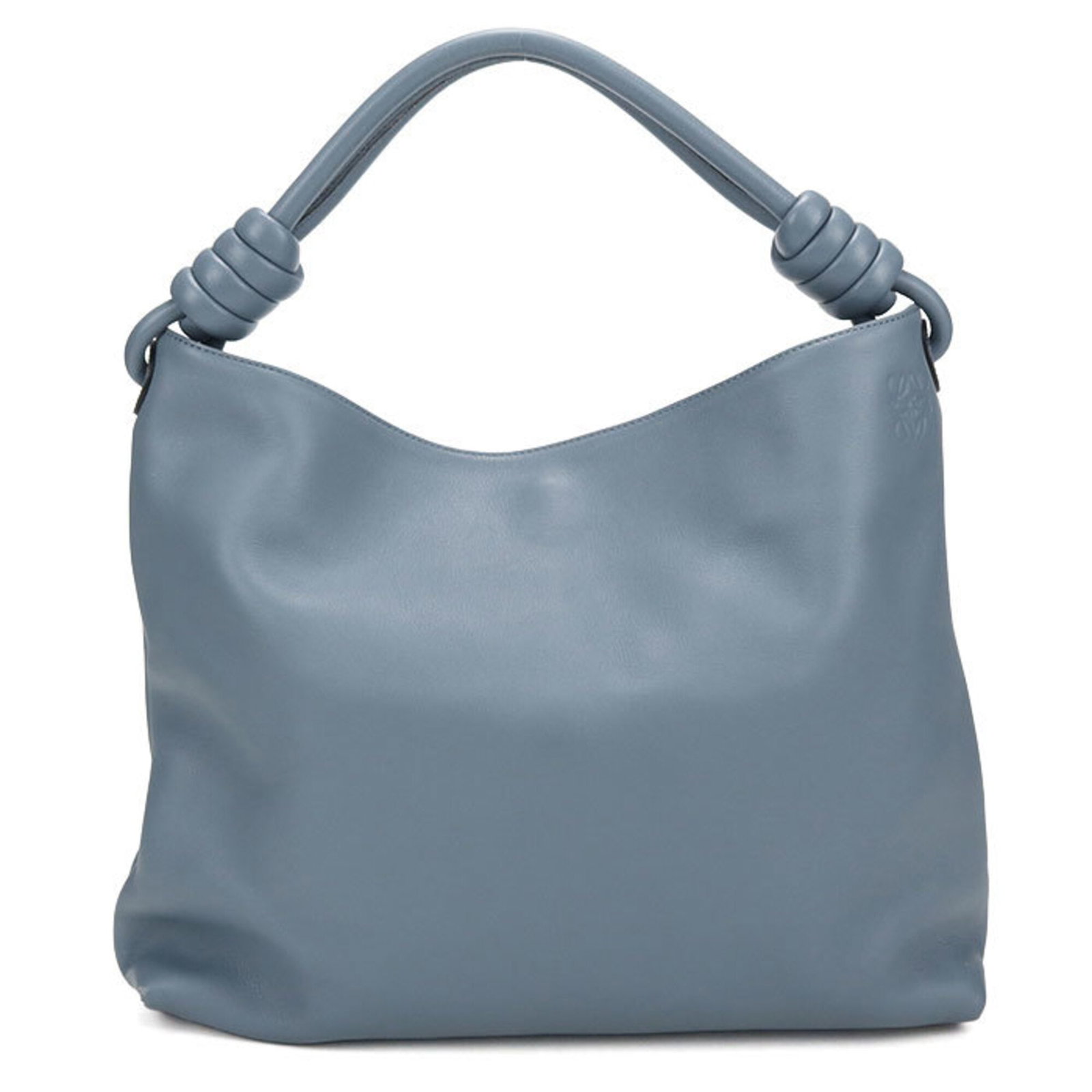 Shoulder Bag Leather: Shoulder Bag Leather Blue calfskin leather shoulder bag from Loewe, Spain, with silver hardware and a sleek 28cm x 35cm x 10cm design. This stylish bag features high-quality leather construction and a