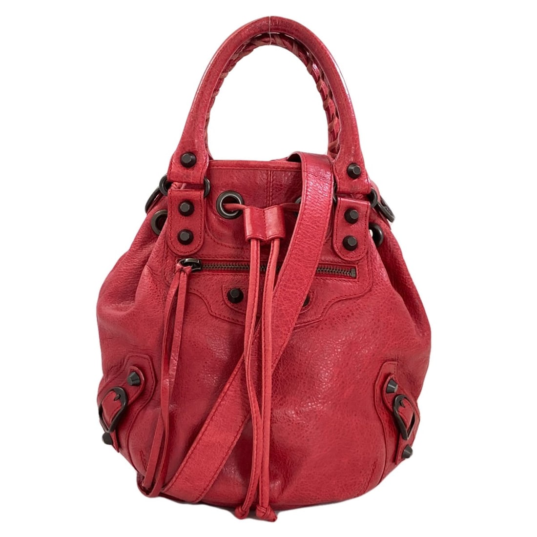 Pompon Handbag Classic Calf Mini Balenciaga: Pompon Handbag Classic Calf Mini Balenciaga Red Pompon Handbag in Calf Material. This mini Balenciaga handbag features a bold red exterior with a classic design. Its calf material adds a touch of