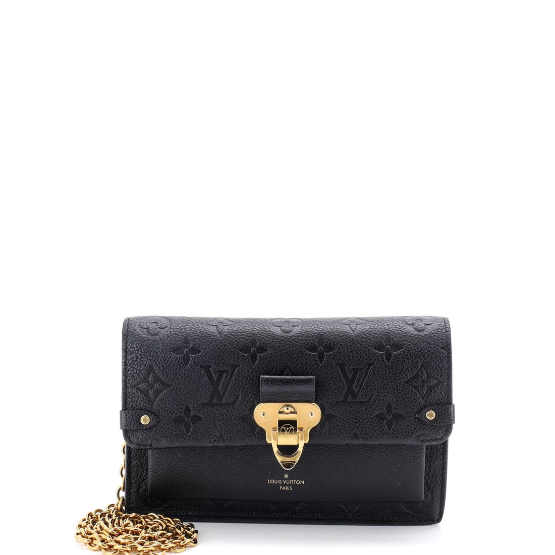 Vuitton Louis Chain Wallet Monogram Leather Empreinte Vavin NM: Vuitton Louis Chain Wallet Monogram Leather Empreinte Vavin NM Black Louis Vuitton Vavin Chain Wallet Monogram Leather Empreinte features a sleek design with minor creases, scuffs, and cracking on