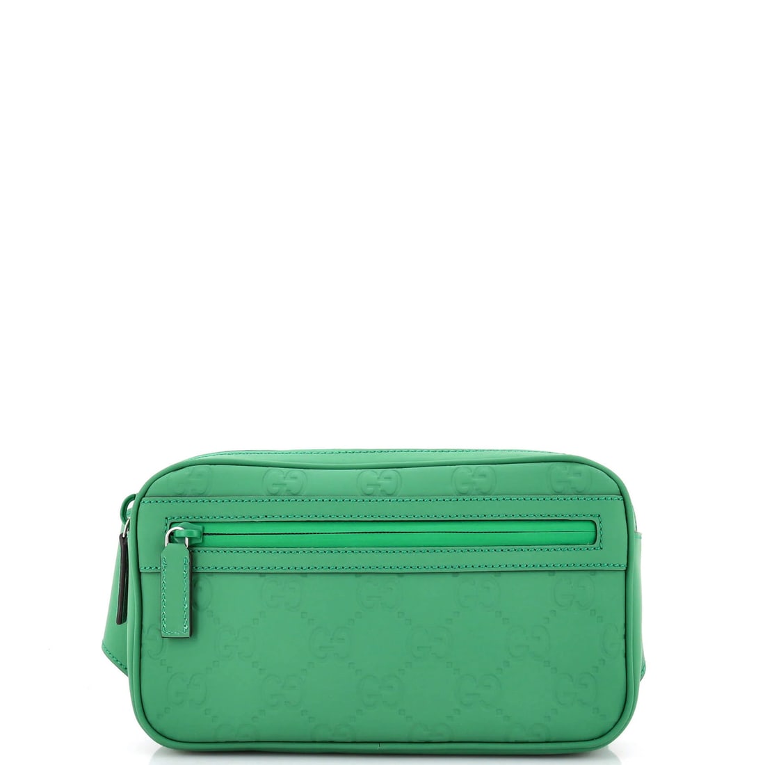Front Zip Belt Bag Gucci GG Leather Rubber Effect: Front Zip Belt Bag Gucci GG Leather Rubber Effect Made from high-quality Gucci GG Leather, this front zip belt bag boasts a striking green exterior with a rubber effect finish. The bag's interior is