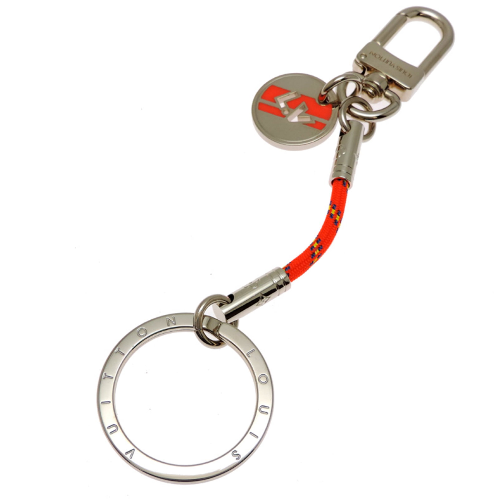 Vuitton Keyring Metal Nylon: Vuitton Keyring Metal Nylon The Louis Vuitton Keyring Metal Nylon is a stylish accessory featuring a striking orange and silver design. Made from high-quality metal and nylon, this keyring boasts a sl