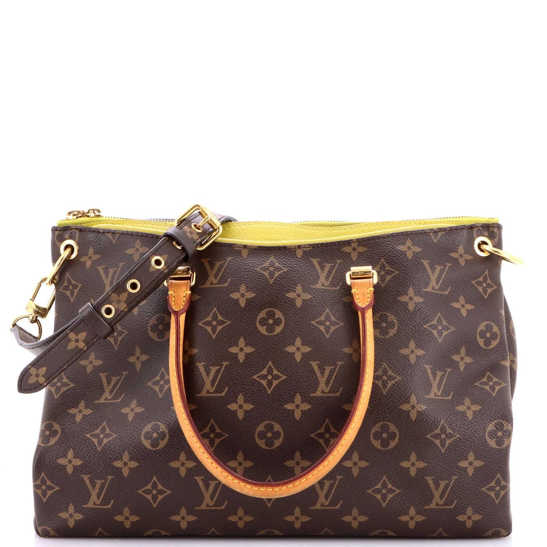 Tote Monogram Canvas with Leather Louis Vuitton: Tote Monogram Canvas with Leather Louis Vuitton Yellow Tote with Leather Louis Vuitton Monogram Canvas. This Pallas tote boasts a unique combination of yellow leather and canvas, featuring the iconic