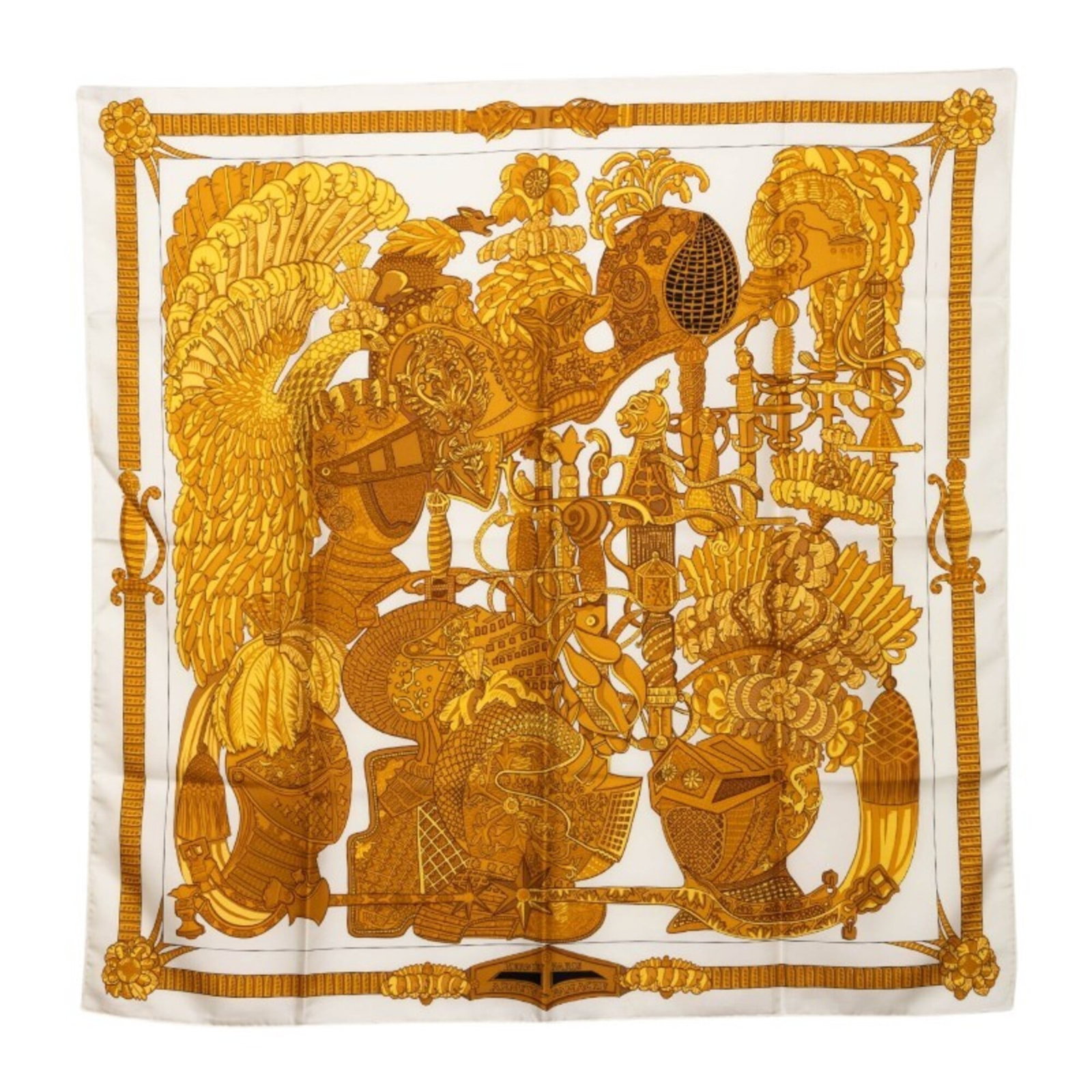 Silk Hermes Scarf: Silk Hermes Scarf Silk from the renowned French fashion house, this 90cm x 89cm gold and ivory silk scarf is a timeless piece of elegance. Crafted from high-quality silk, its classic design and