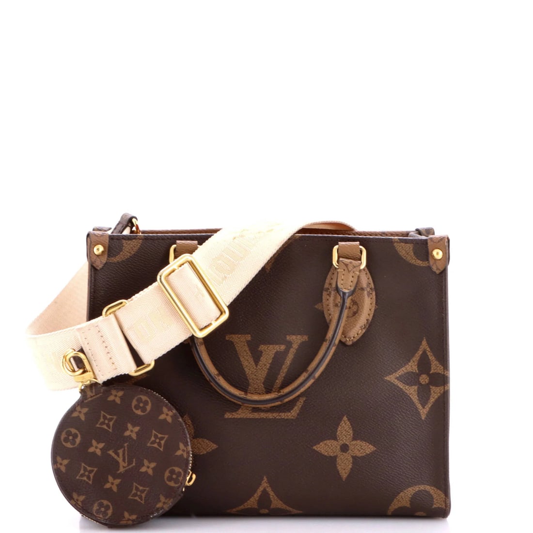 OnTheGo Louis Vuitton Giant Monogram Tote Reverse PM: OnTheGo Louis Vuitton Giant Monogram Tote Reverse PM Brown canvas coated Louis Vuitton Giant Monogram Tote Reverse PM with pochette and gold hardware, featuring a signature on the exterior. The tote