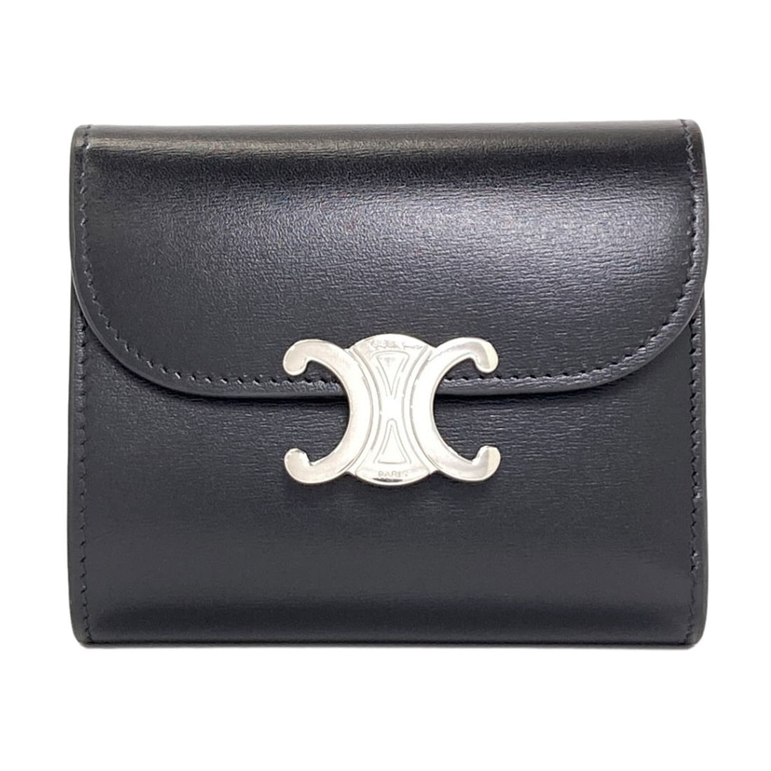 Wallet Small Flap Celine Tri-Fold Triomphe Coin Pocket: Wallet Small Flap Celine Tri-Fold Triomphe Coin Pocket Small flap Celine Tri-fold Triomphe Coin Pocket wallet in black leather, featuring a tri-fold design with a coin pocket for added convenience.