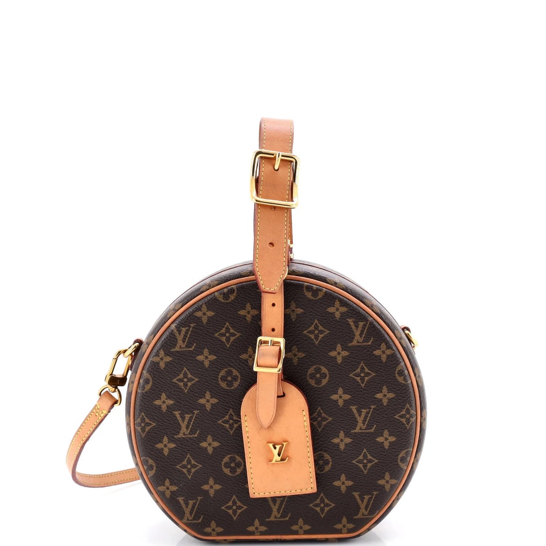 Boite Chapeau Bag Monogram Canvas Louis Vuitton: Boite Chapeau Bag Monogram Canvas Louis Vuitton Brown canvas coated Louis Vuitton Petite Boite Chapeau Bag features a minor scuff on the exterior and edge wear, with a gold-toned hardware and a