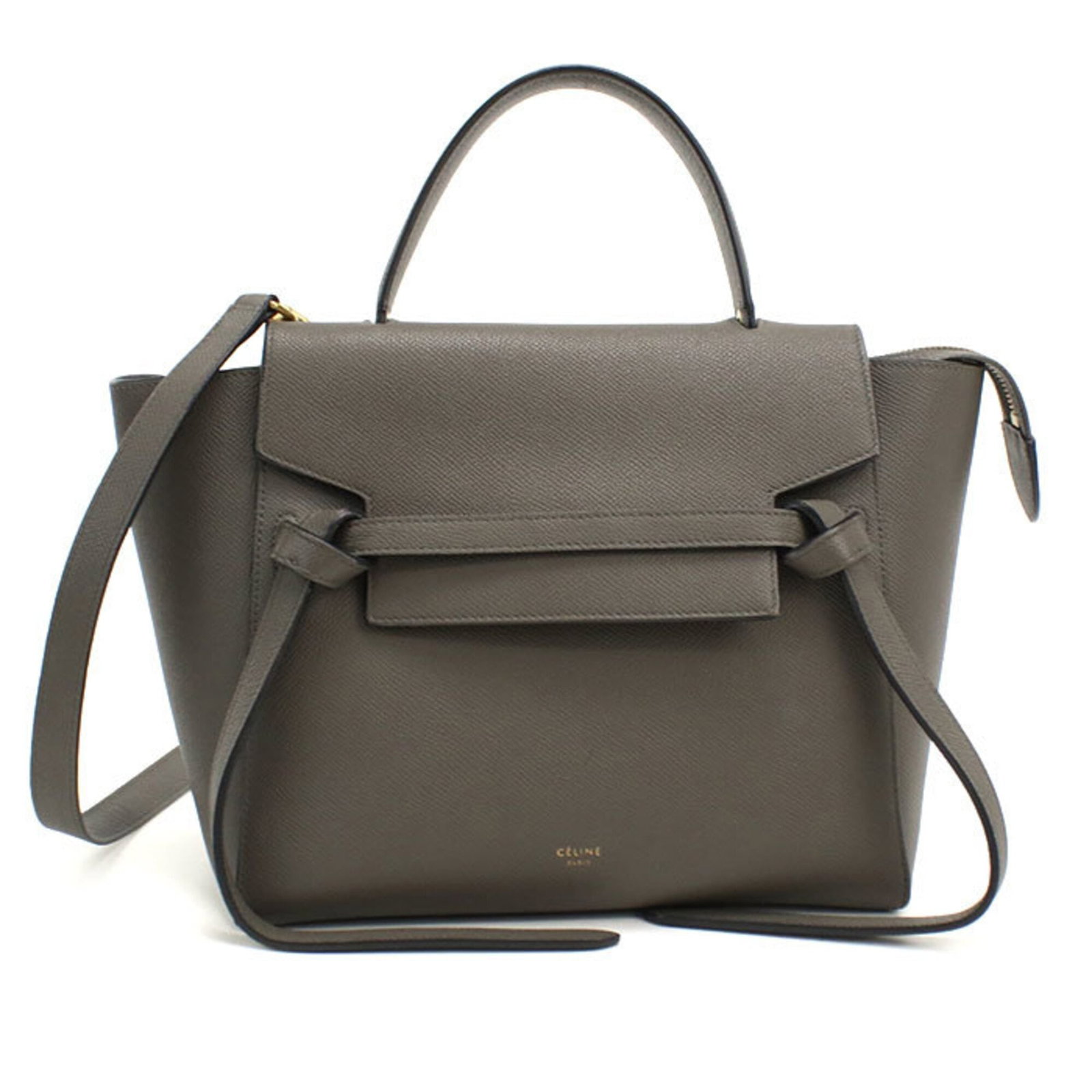Celine Handbag Leather: Celine Handbag Leather Calfskin leather construction, a hallmark of Italian craftsmanship, gives this Celine handbag its distinctive look and feel. The gray color and gold hardware add a touch of