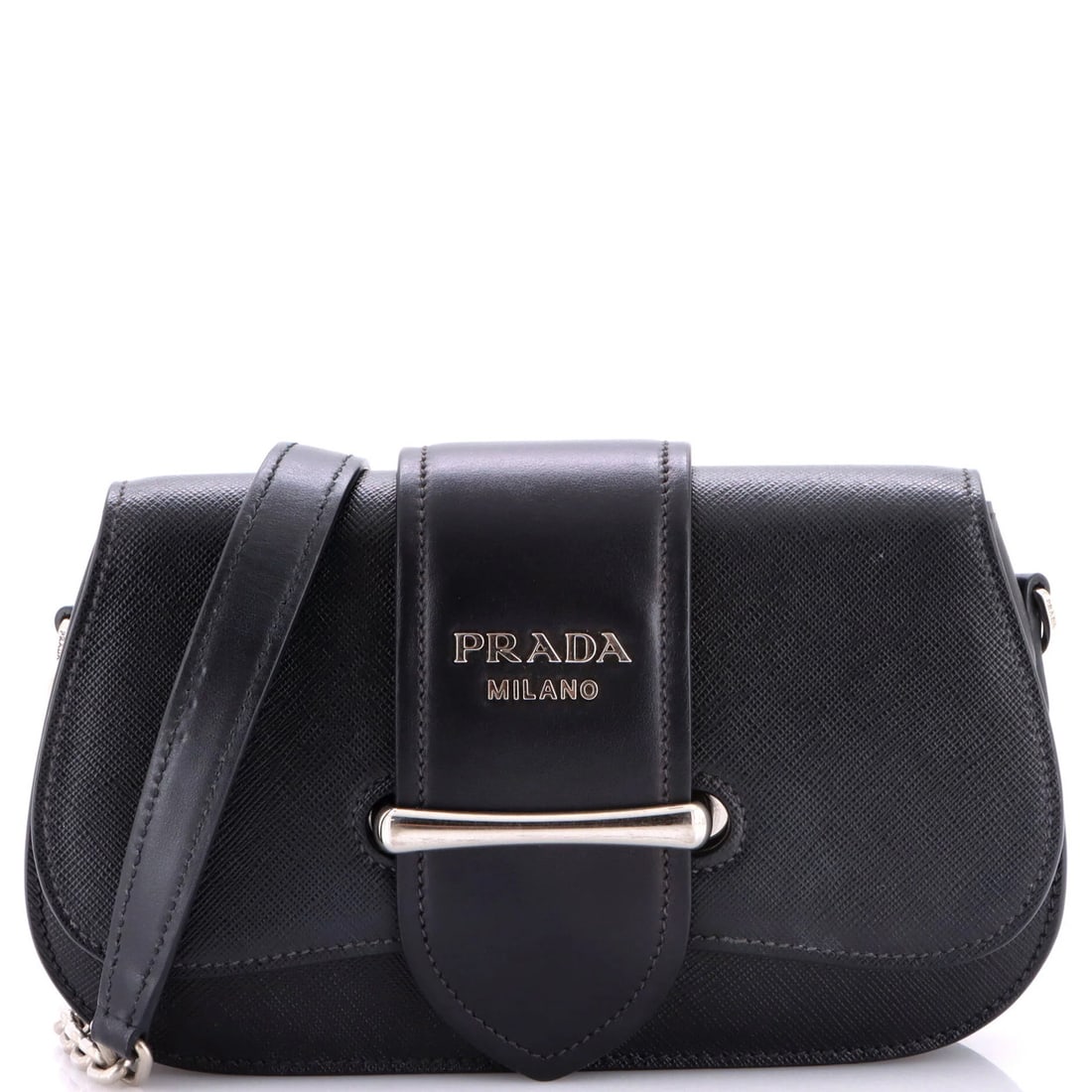 Calf Saffiano Sidonie Bag Shoulder with City Mini: Calf Saffiano Sidonie Bag Shoulder with City Mini Black Saffiano leather Sidonie shoulder bag with City Calf mini, featuring a classic shoulder design and minor scuffs on the exterior. The interior is