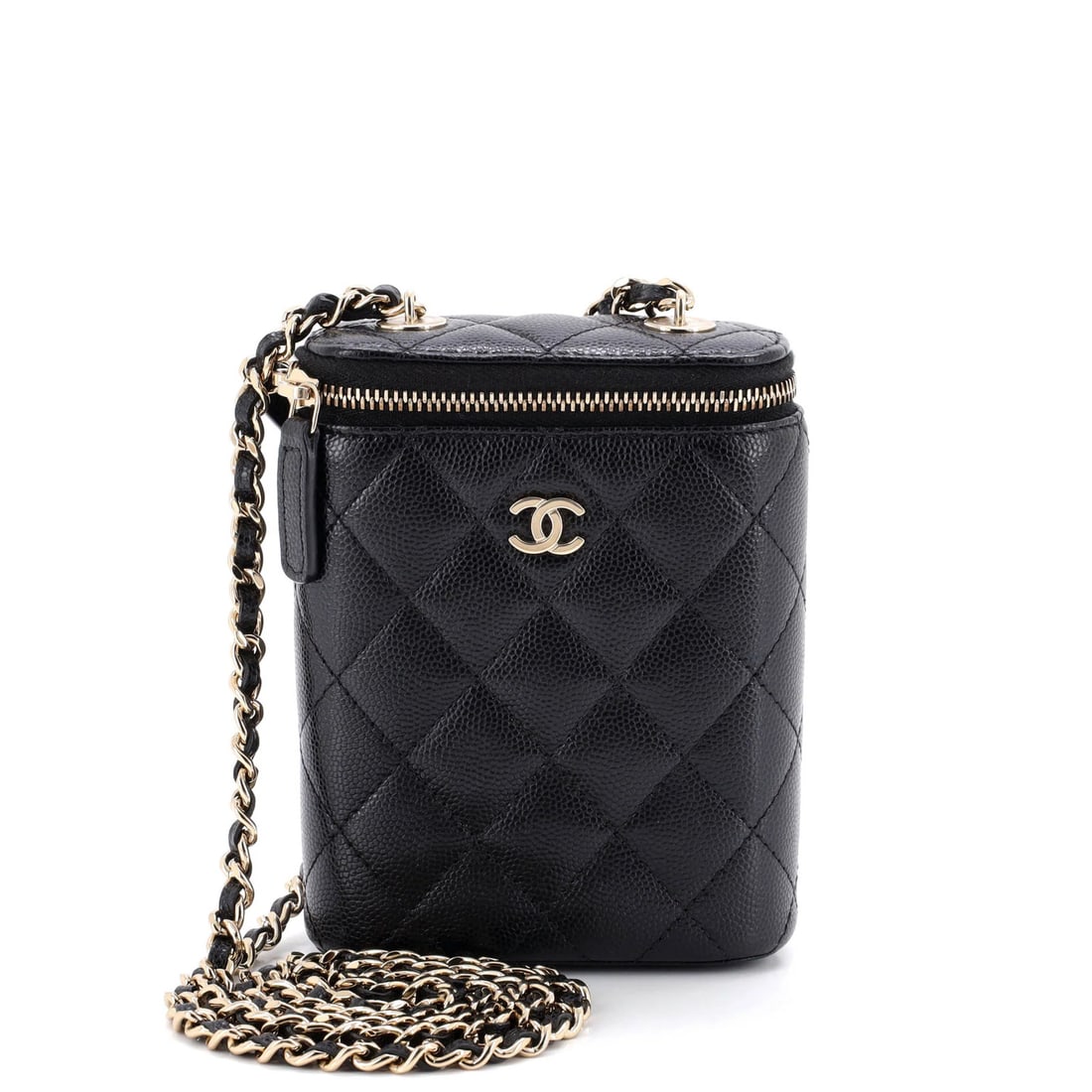 Classic Vertical Caviar Chain Quilted Chanel Small Vanity Case: Classic Vertical Caviar Chain Quilted Chanel Small Vanity Case The Classic Vertical Caviar Chain Quilted Chanel Small Vanity Case boasts a timeless design with its chain quilted exterior in sleek blac