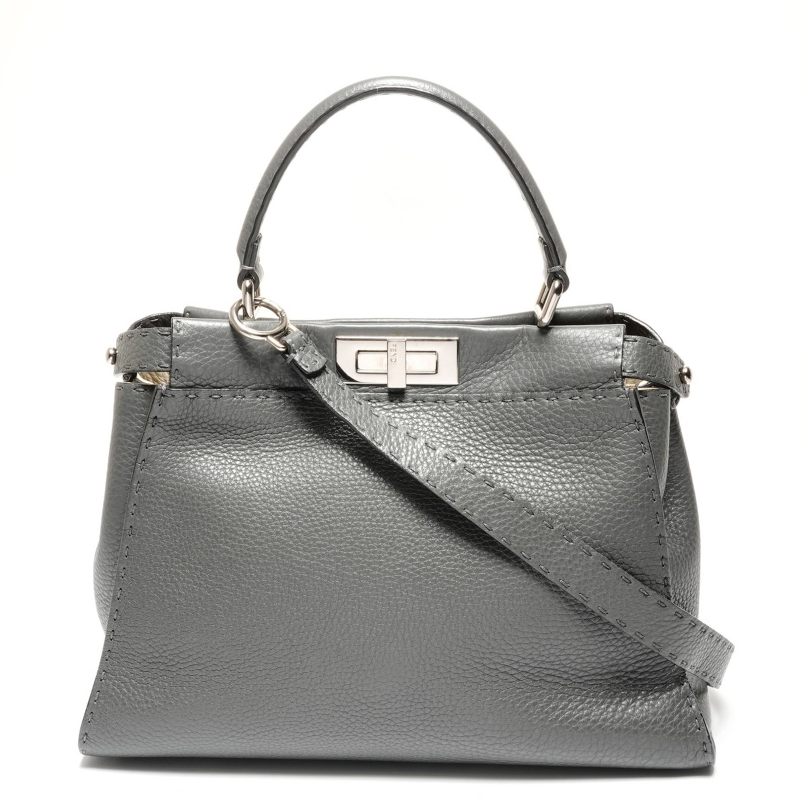 Handbag Leather Fendi: Handbag Leather Fendi Gray Fendi Peekaboo Handbag. Made from high-quality leather, this stylish handbag features a sleek design and adjustable strap length. With its compact size and convenient
